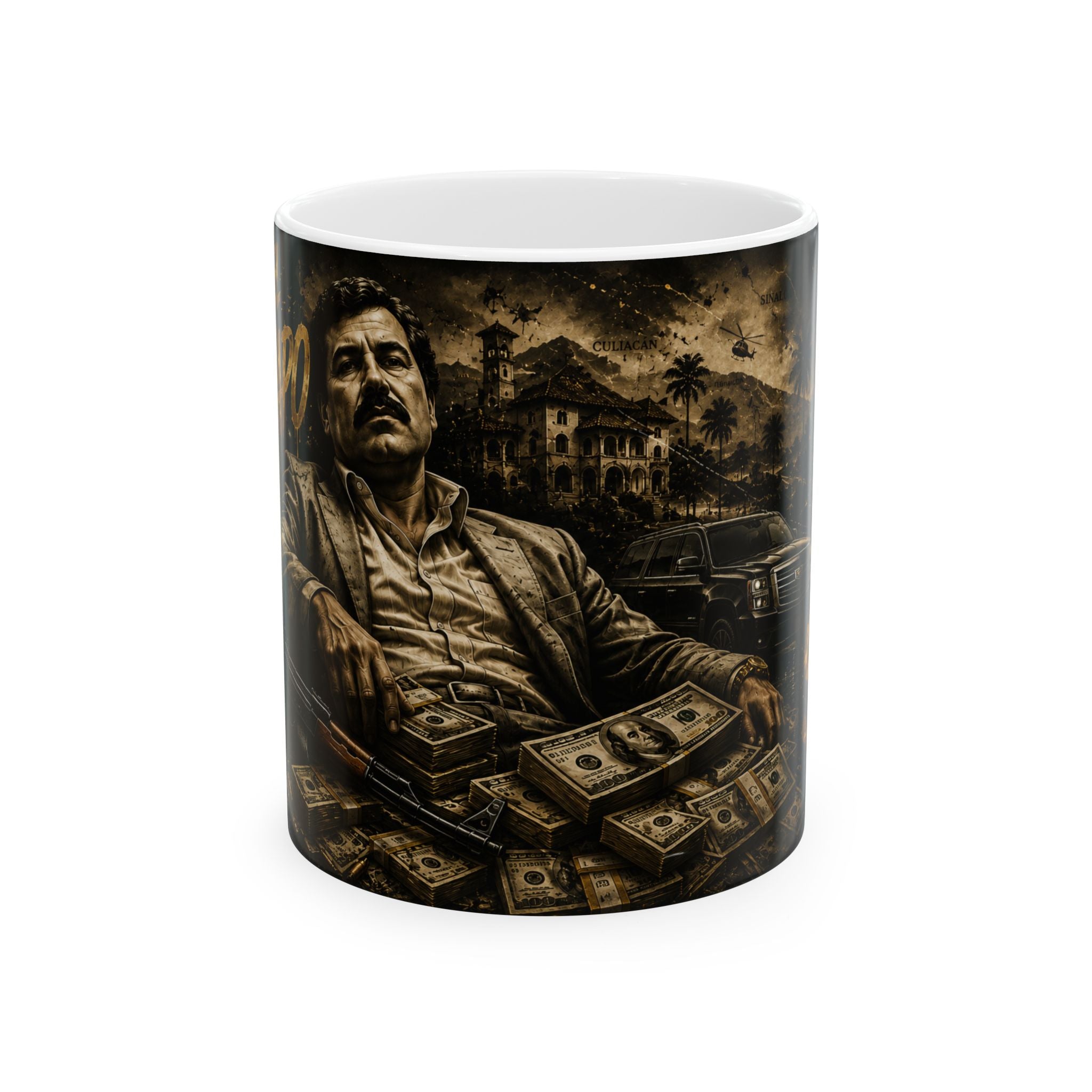 Vintage Crime Boss Illustration Mug | Money Stack Ceramic Mug