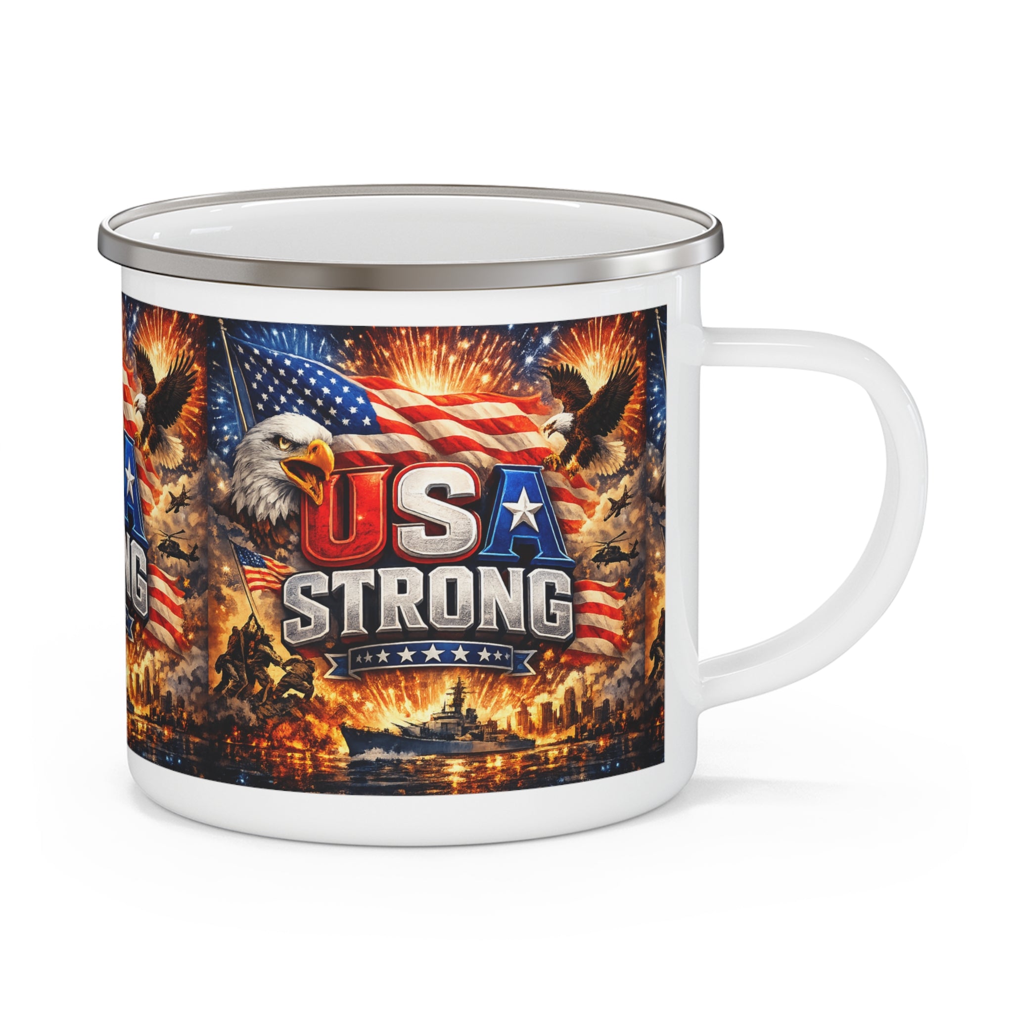 USA Strong enamel camping mug | American flag, bald eagle, patriotic design