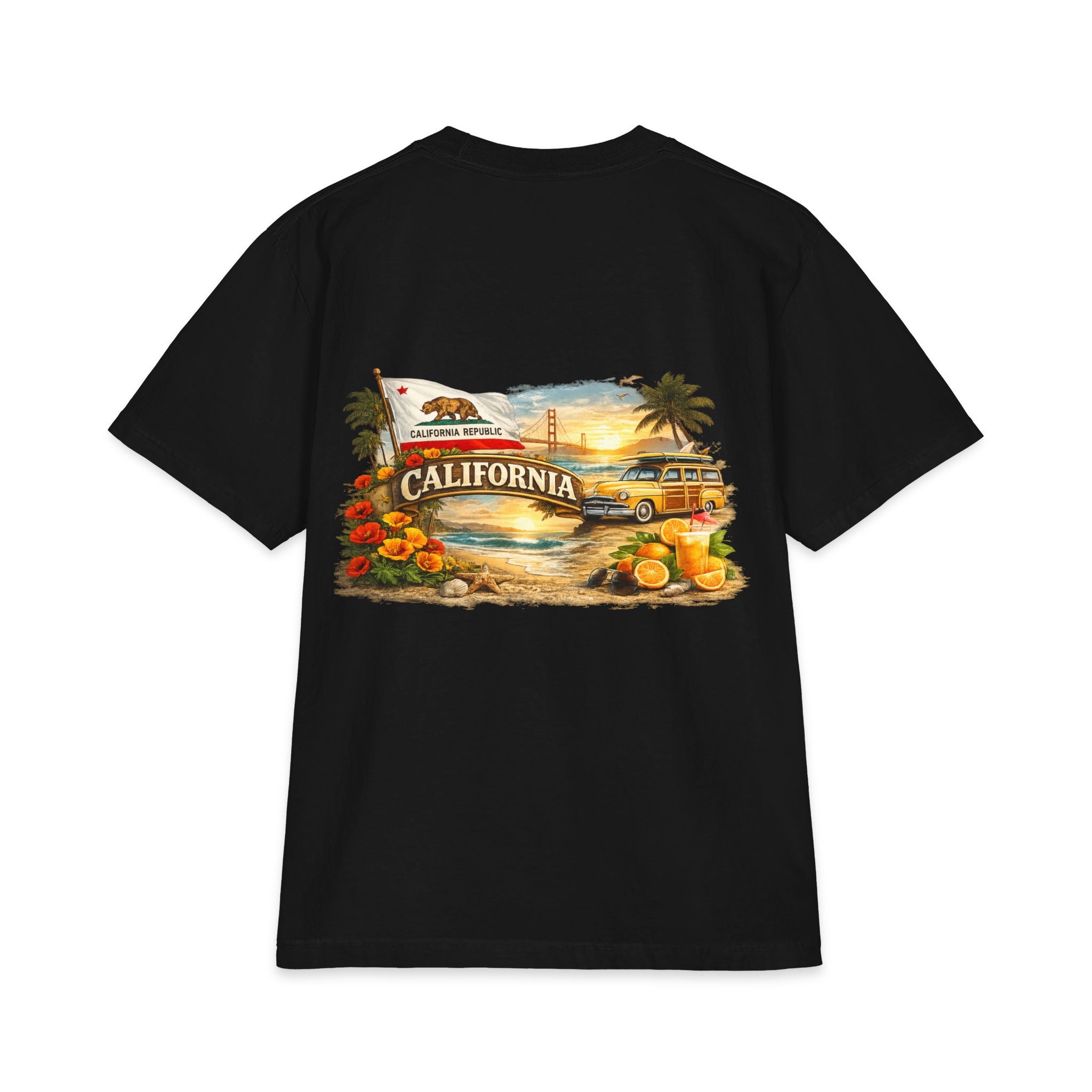 California Surf VW Bus T-Shirt | Vintage Beach Palm Trees Poster
