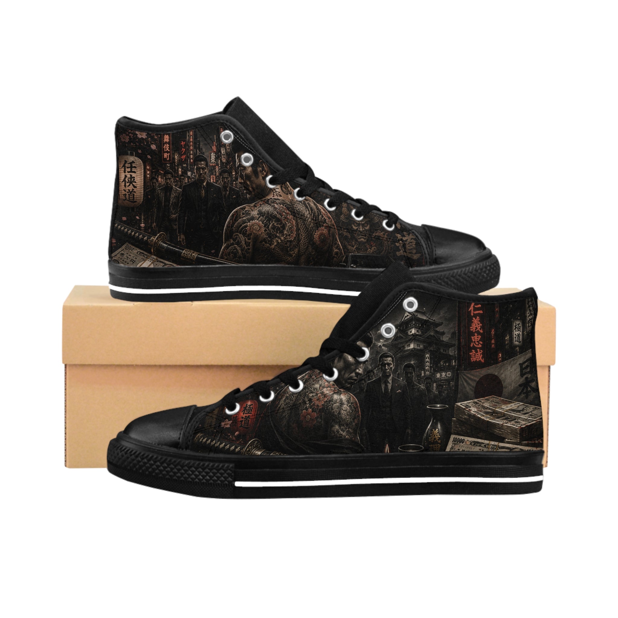 Tattooed Samurai Illustration Men's Classic Sneakers | Dark Japanese Tattoo Art