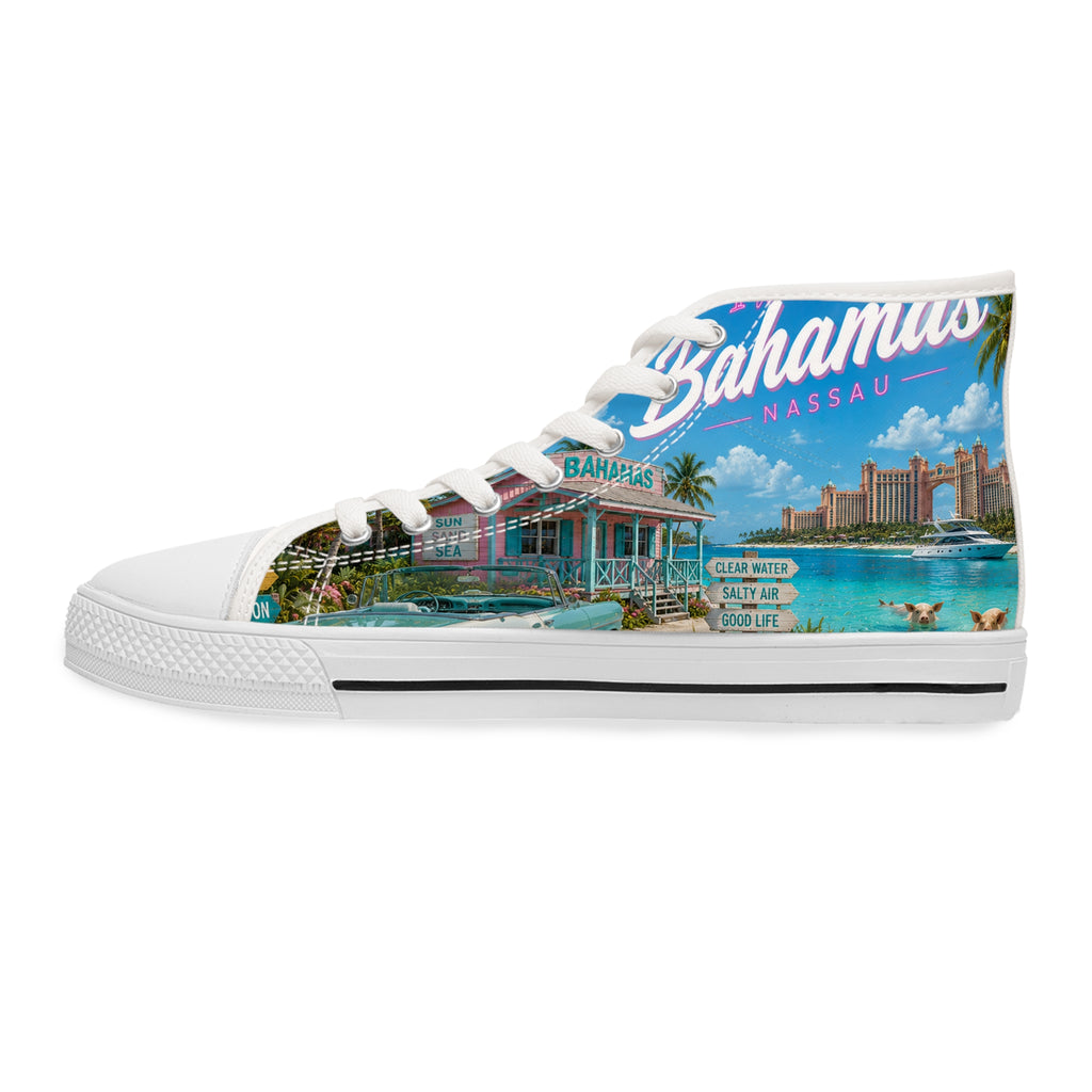 Bahamas Beach Scene High Top Sneakers | Tropical Flamingo Island Print