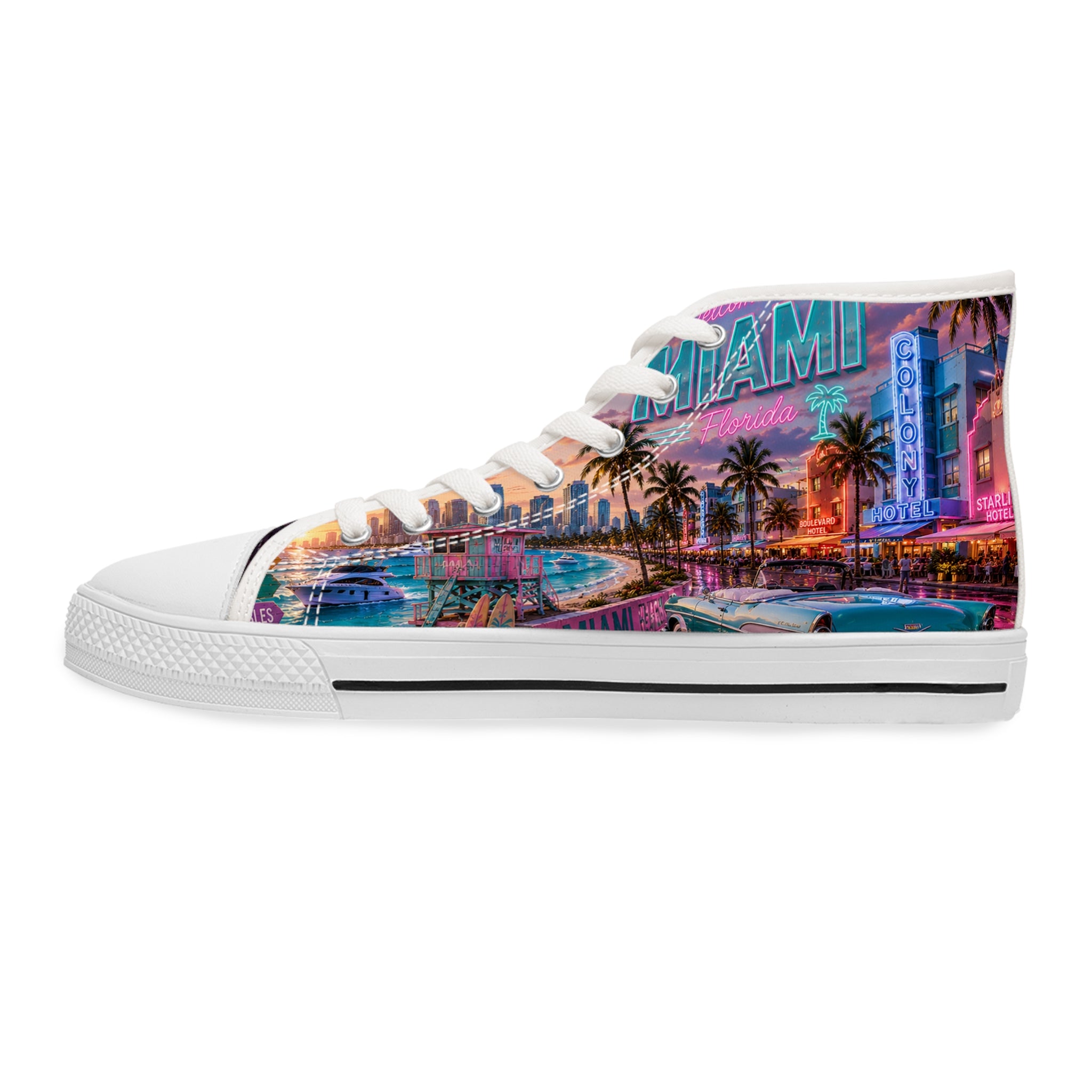 Miami Retro Beach Scene Women's High Top Sneakers | Palm Trees Neon Sunset
