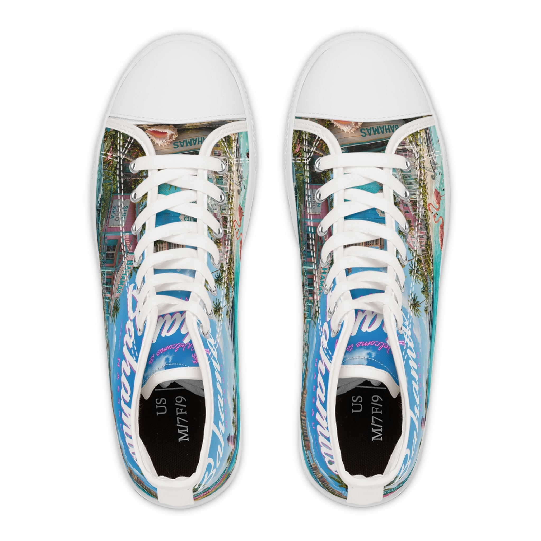 Bahamas Beach Scene High Top Sneakers | Tropical Flamingo Island Print