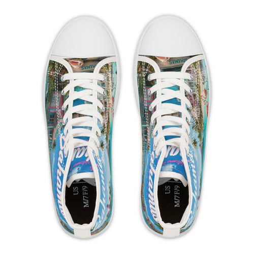 Bahamas Beach Scene High Top Sneakers | Tropical Flamingo Island Print