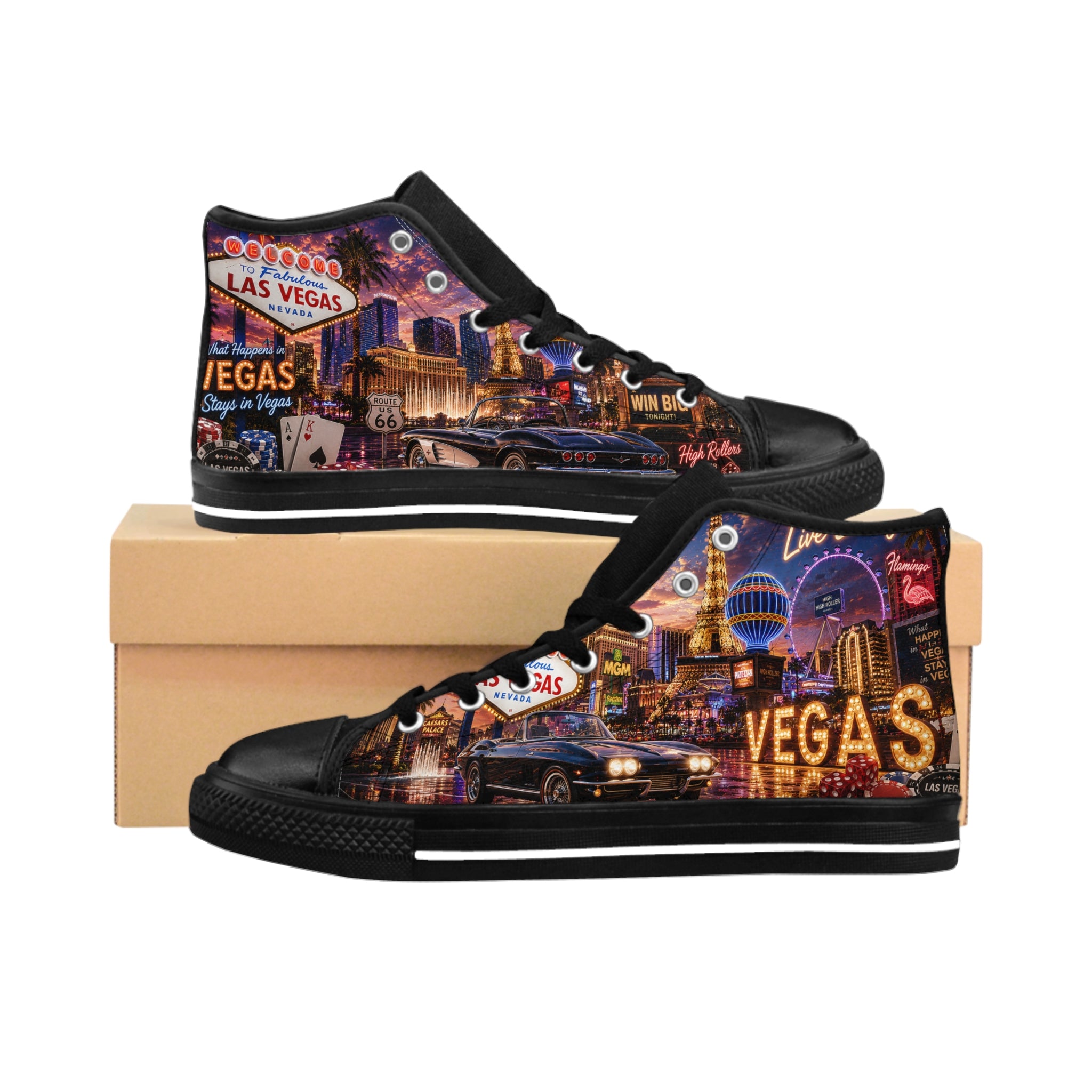 Las Vegas Neon Cityscape Sneakers | Casino Skyline High Top Shoes