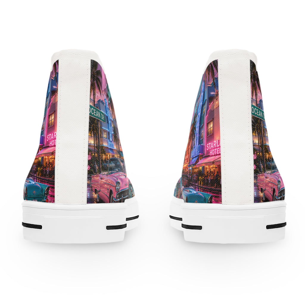 Miami Retro Beach Scene Women's High Top Sneakers | Palm Trees Neon Sunset