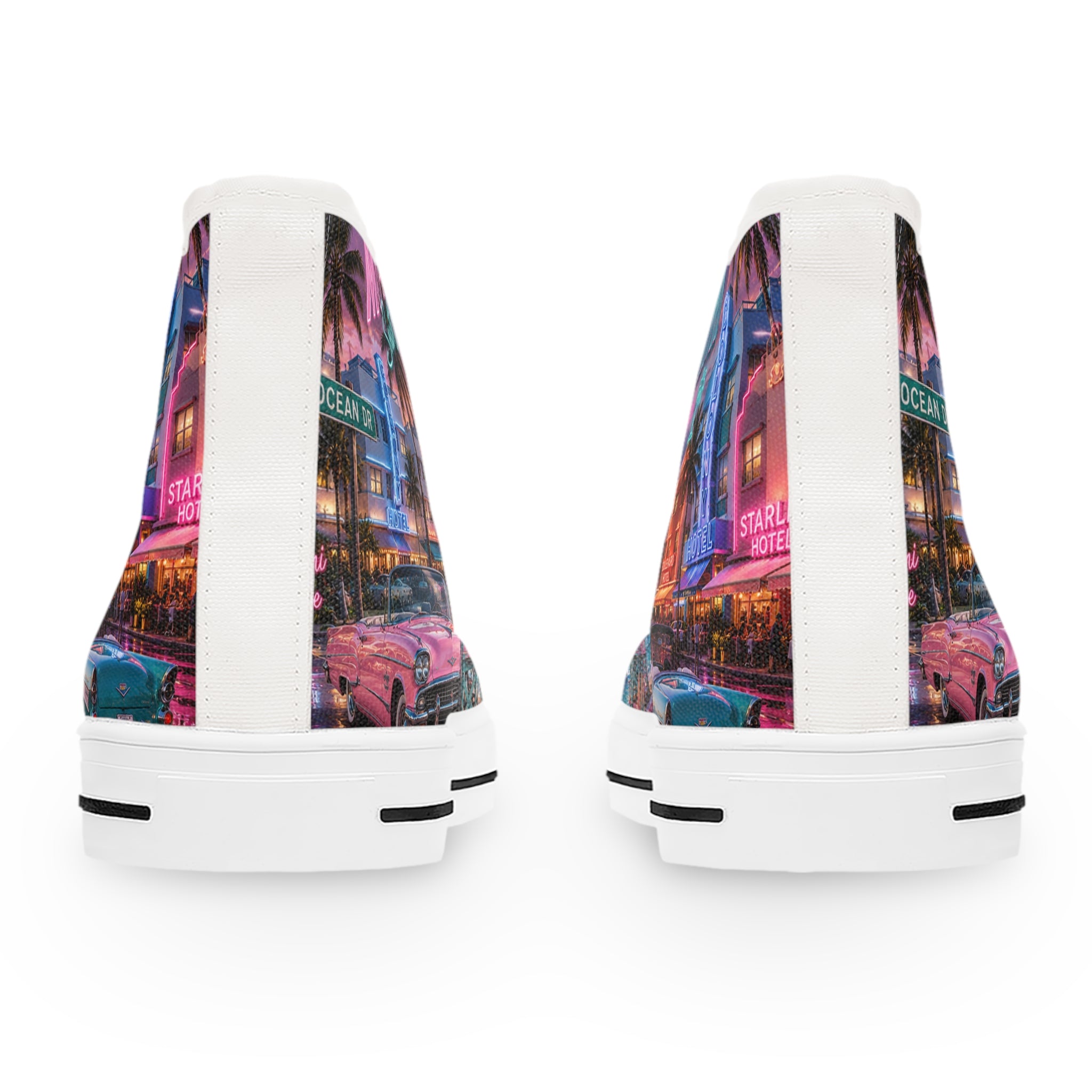 Miami Retro Beach Scene Women's High Top Sneakers | Palm Trees Neon Sunset