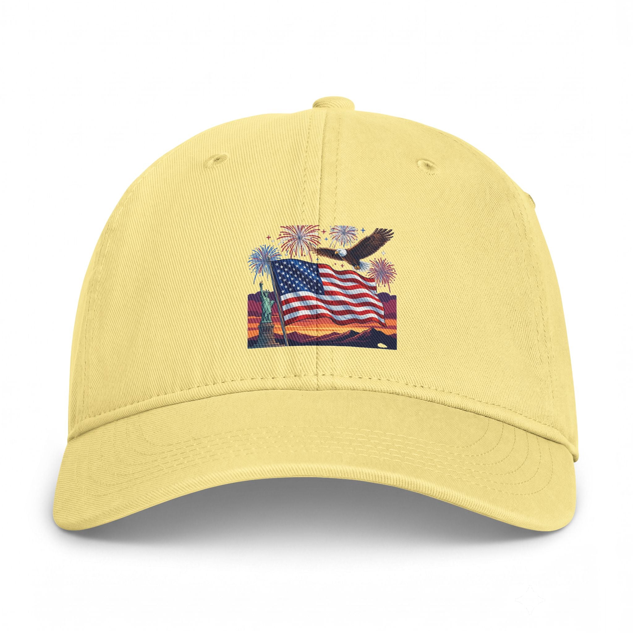 Coastal Flag Dad Hat — Washed Beach Baseball Cap with American Flag Sunset Embroidery