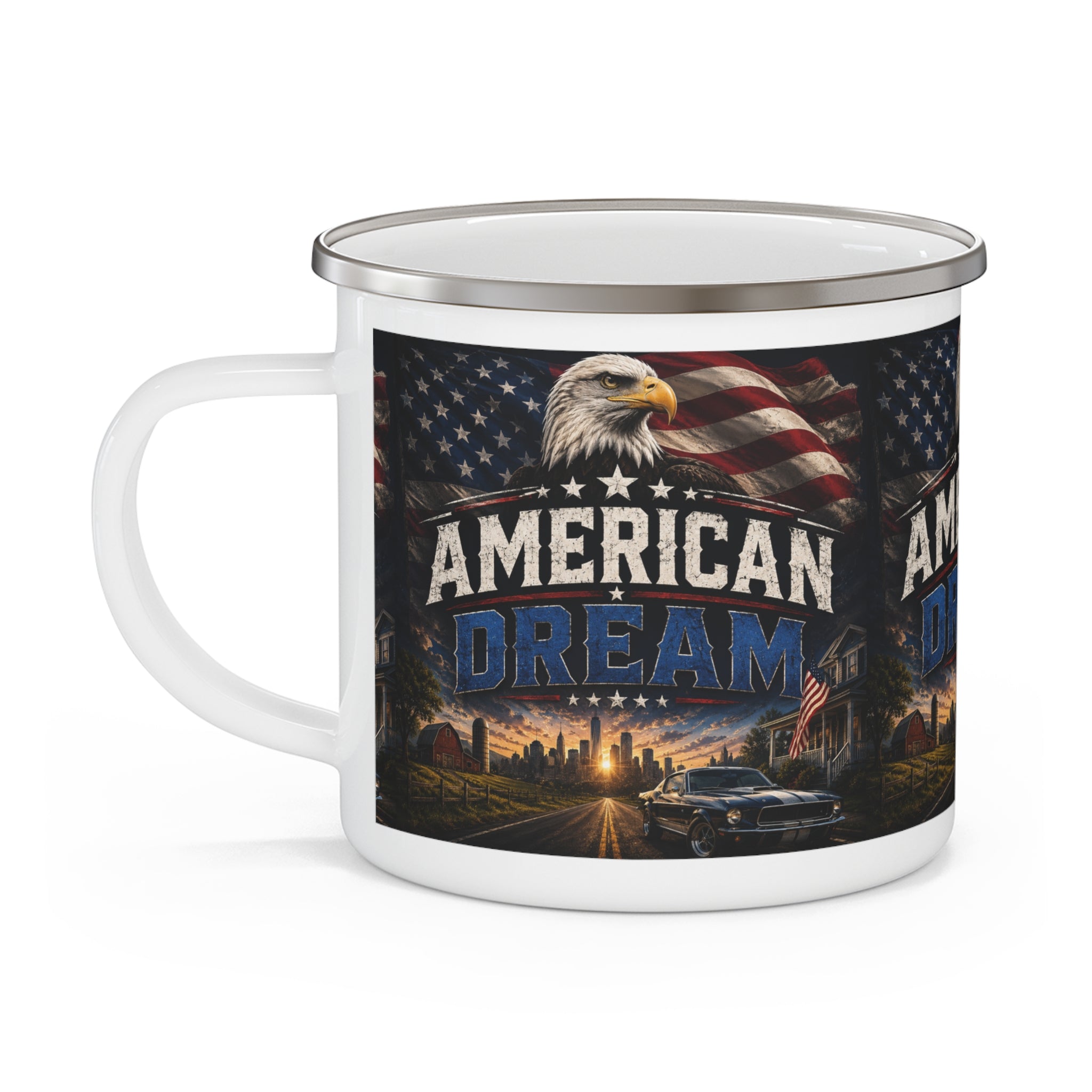 American Dream Eagle Enamel Mug | Patriotic Flag, Classic Car, Skyline
