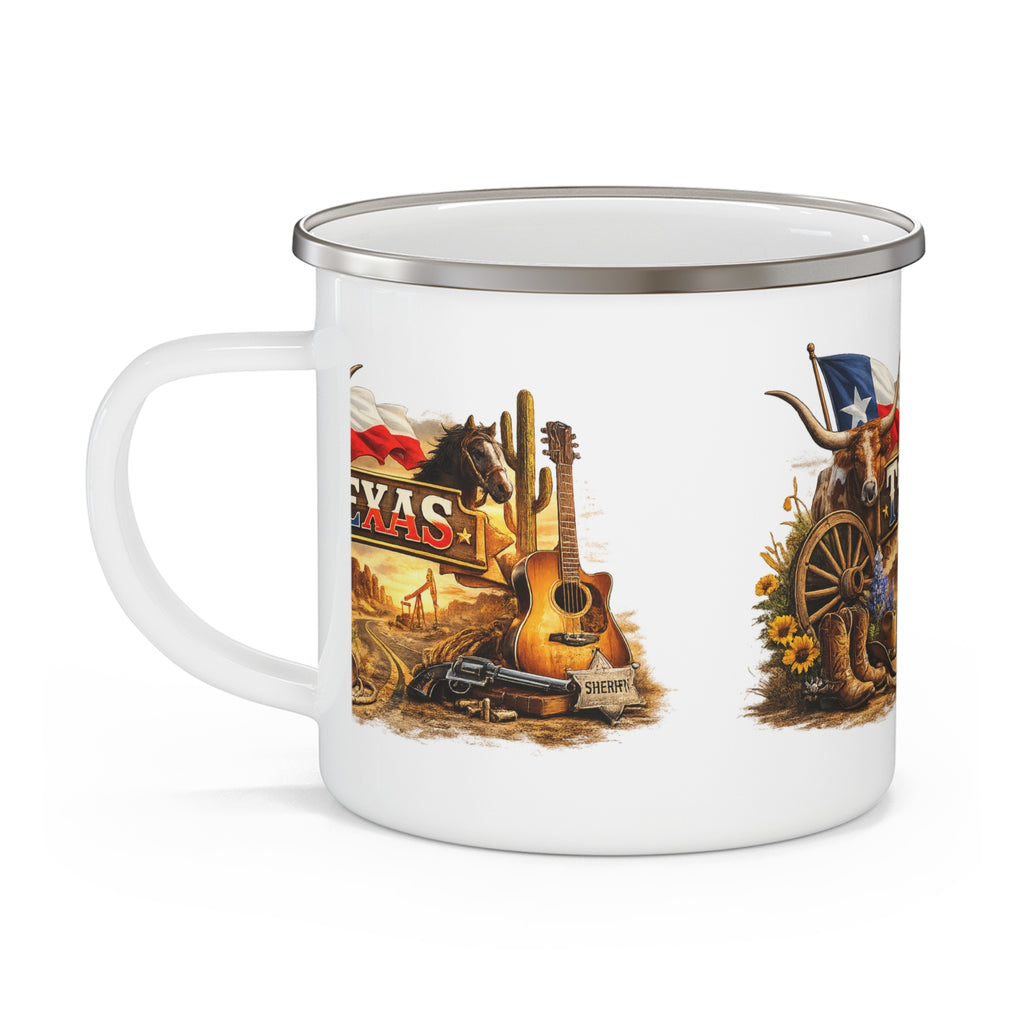 Texas Western Scene Enamel Camping Mug | Longhorn, Flag, Guitar