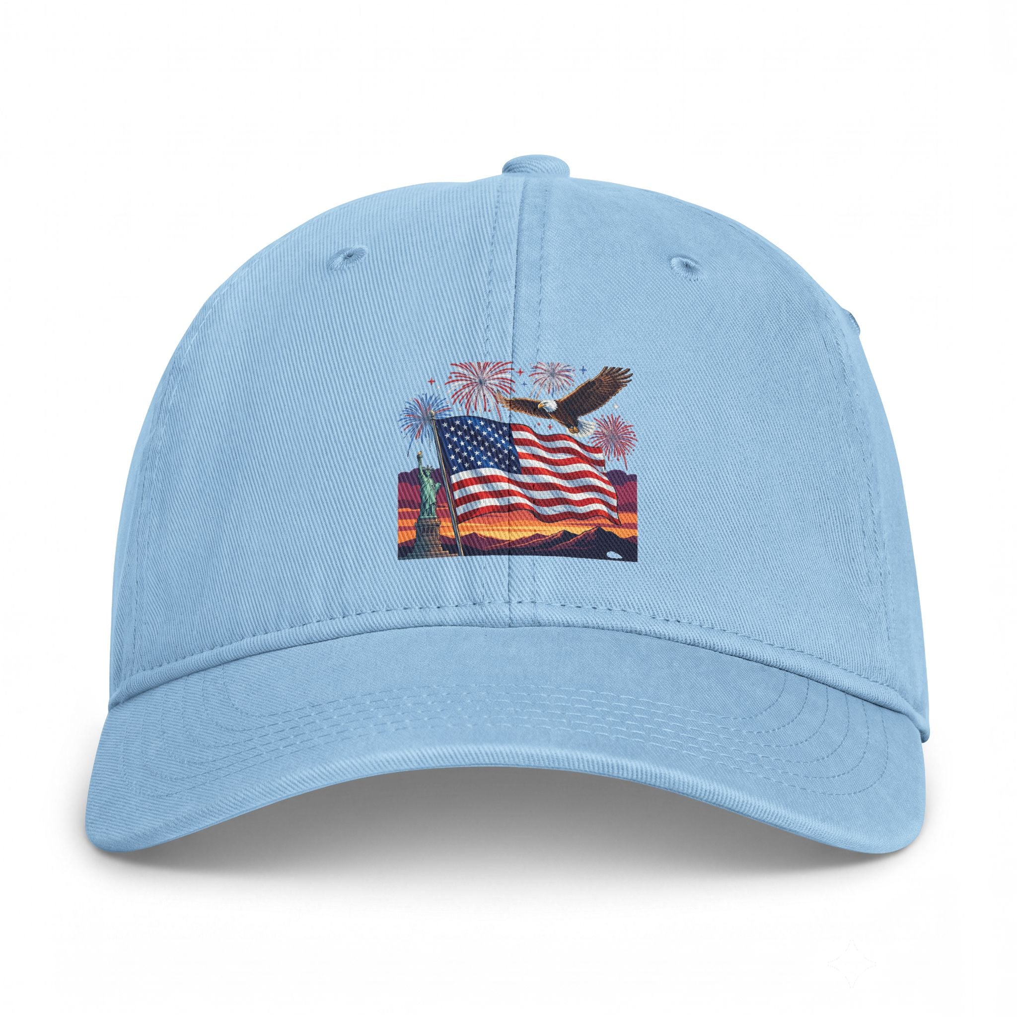 Coastal Flag Dad Hat — Washed Beach Baseball Cap with American Flag Sunset Embroidery