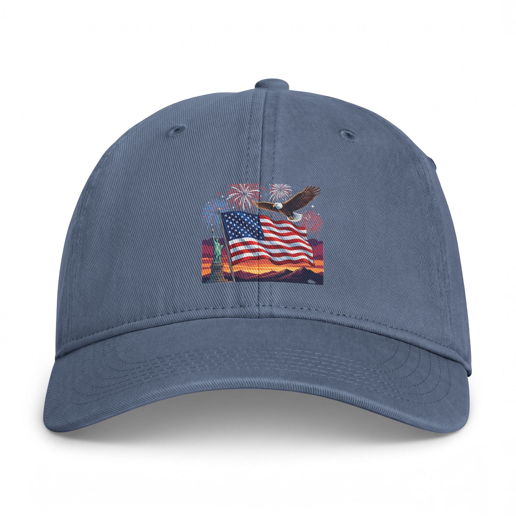 Coastal Flag Dad Hat — Washed Beach Baseball Cap with American Flag Sunset Embroidery