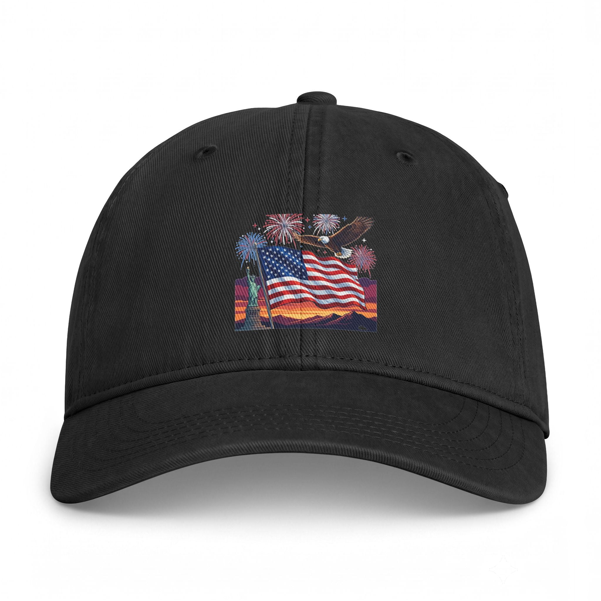 Coastal Flag Dad Hat — Washed Beach Baseball Cap with American Flag Sunset Embroidery