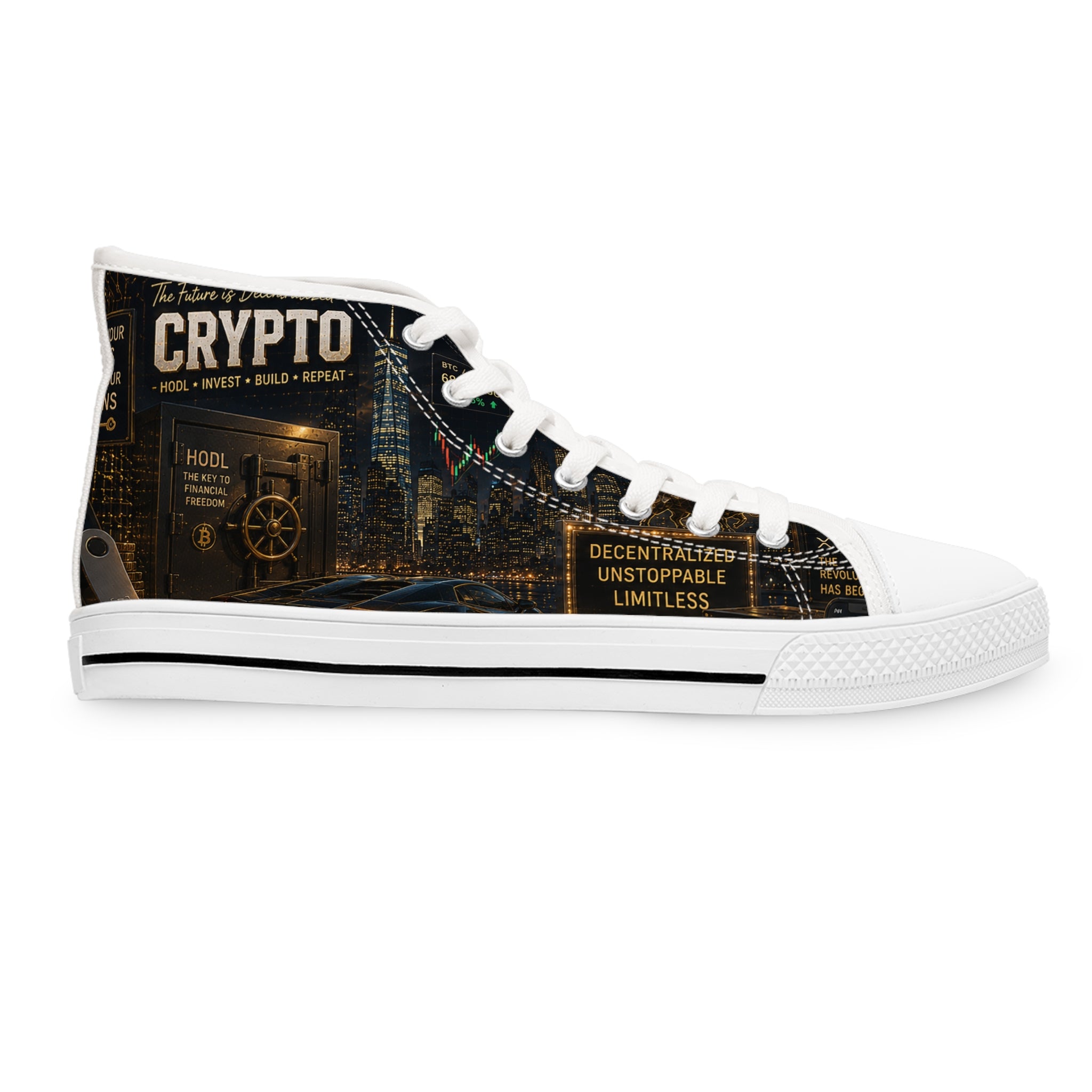 Crypto Bitcoin Pattern High Top Sneakers | Cryptocurrency Circuit Board Design