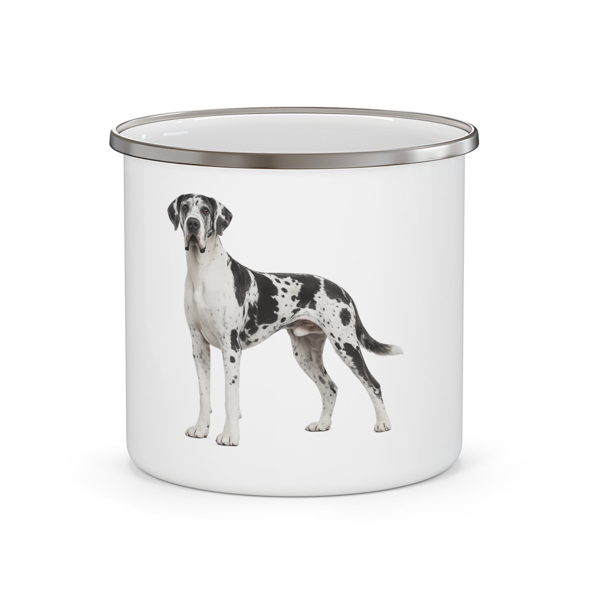 Harlequin Great Dane Enamel Camping Mug | Dog Illustration, White Mug