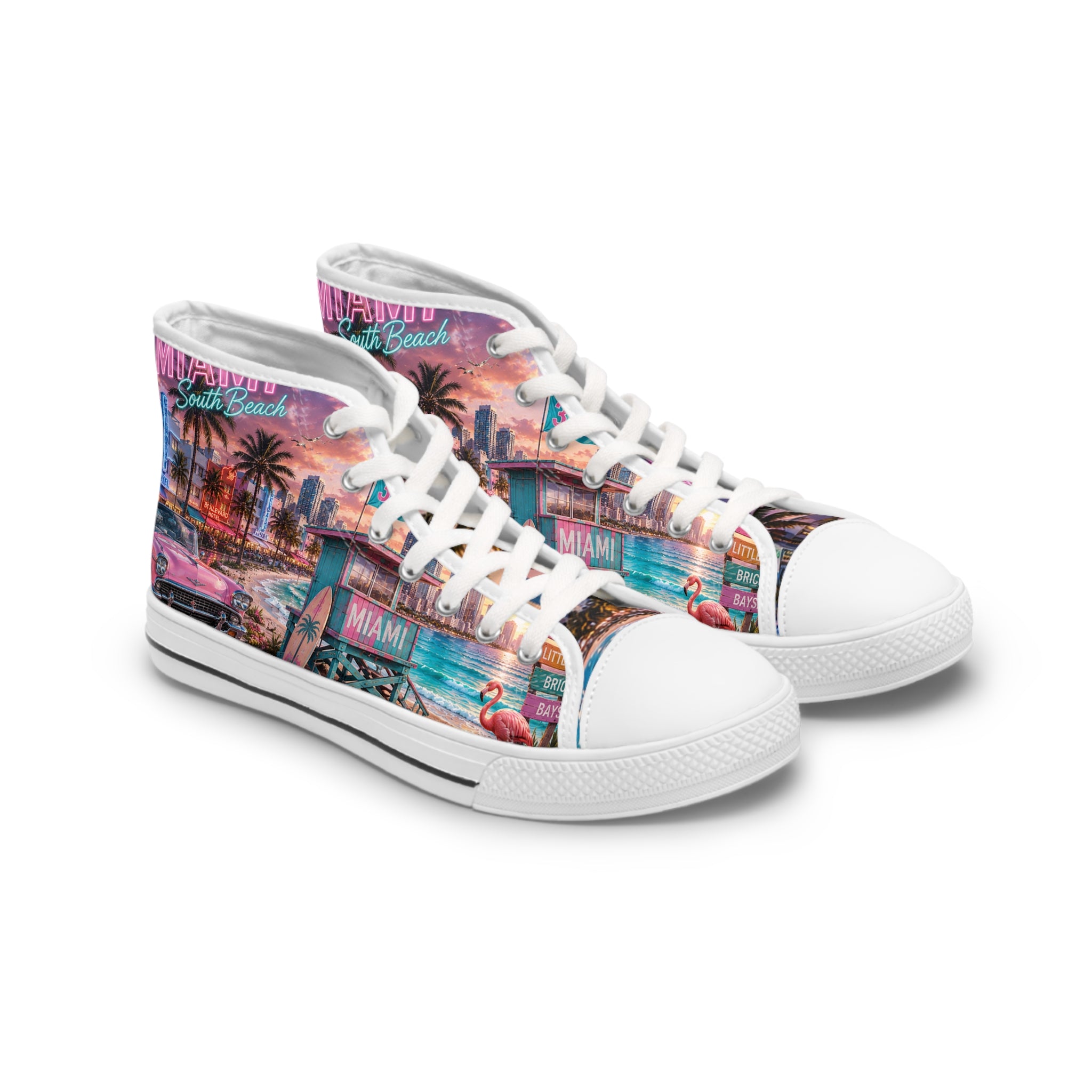 Miami Retro Beach Scene Women's High Top Sneakers | Palm Trees Neon Sunset