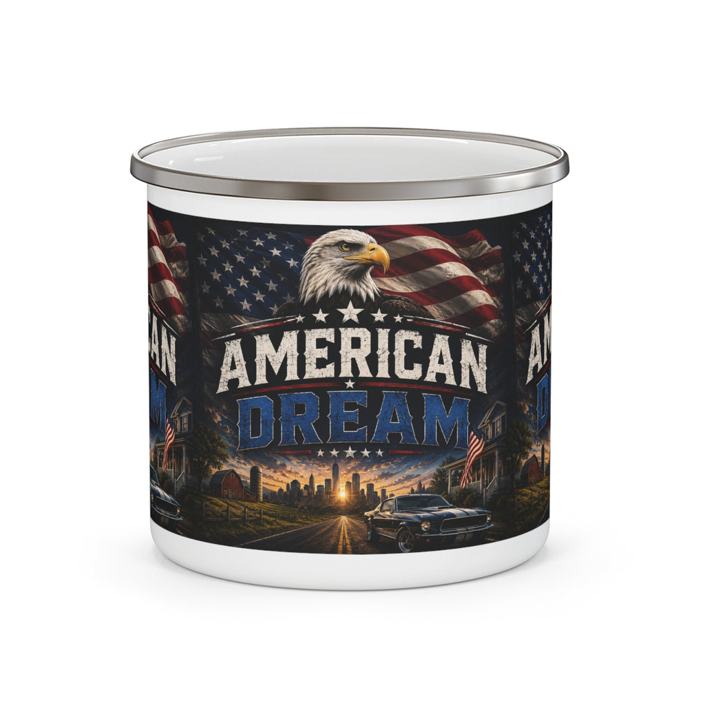 American Dream Eagle Enamel Mug | Patriotic Flag, Classic Car, Skyline