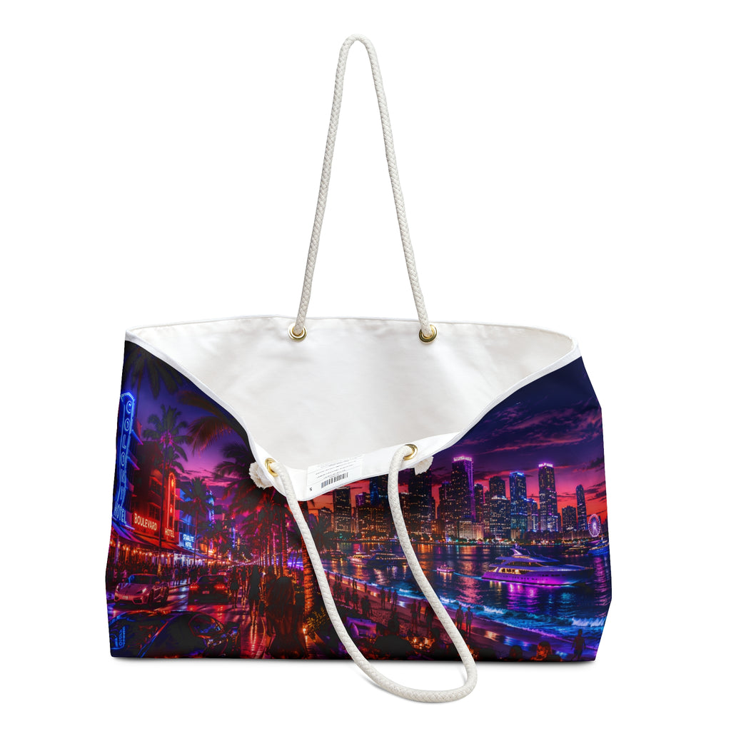 Neon Miami Skyline Weekender Bag | Retro Cityscape Travel Tote