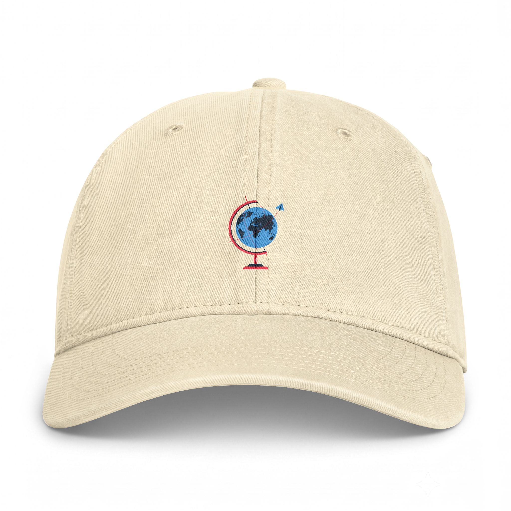 Embroidered Globe Baseball Cap — Coastal Washed Hat for Travelers & Beach Lovers