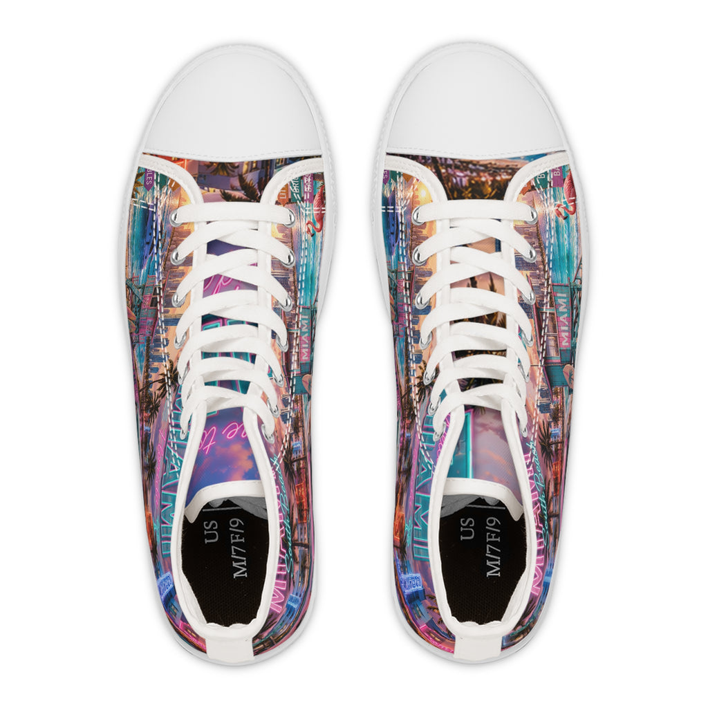 Miami Retro Beach Scene Women's High Top Sneakers | Palm Trees Neon Sunset