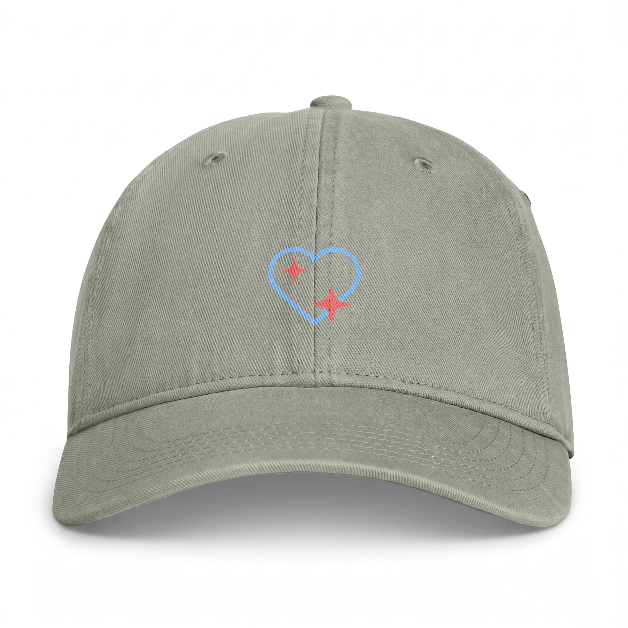 Coastal Heart Embroidered Cap — Washed Beach Dad Hat with Star Sparkle