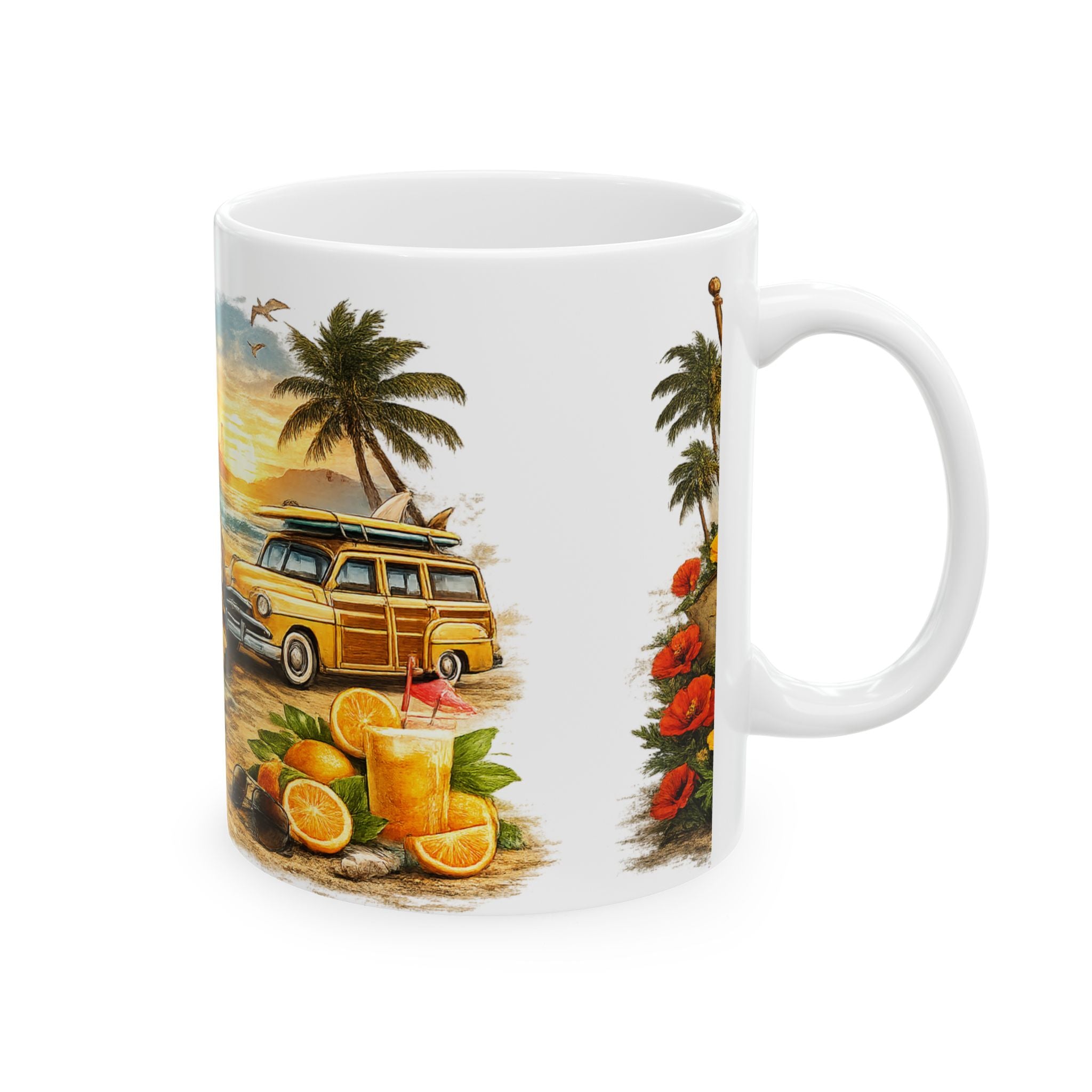 California Retro Beach Scene Mug | Golden Gate, Palm Trees, Surfboard