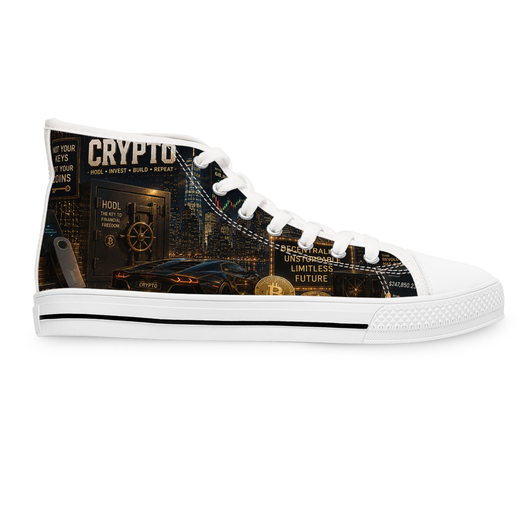 Crypto Bitcoin Pattern High Top Sneakers | Cryptocurrency Circuit Board Design