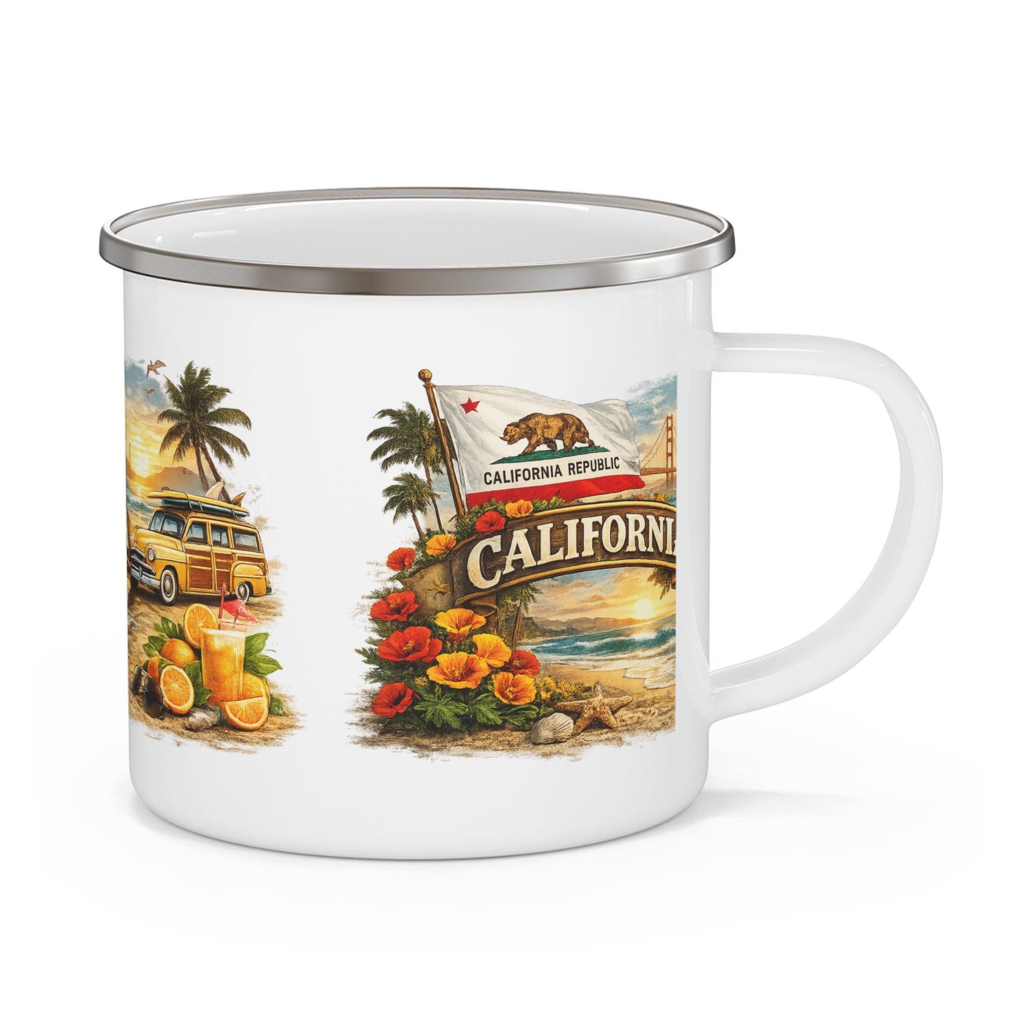 California Beach Surf Woody Van Enamel Camping Mug | Retro Sunset Palm Trees