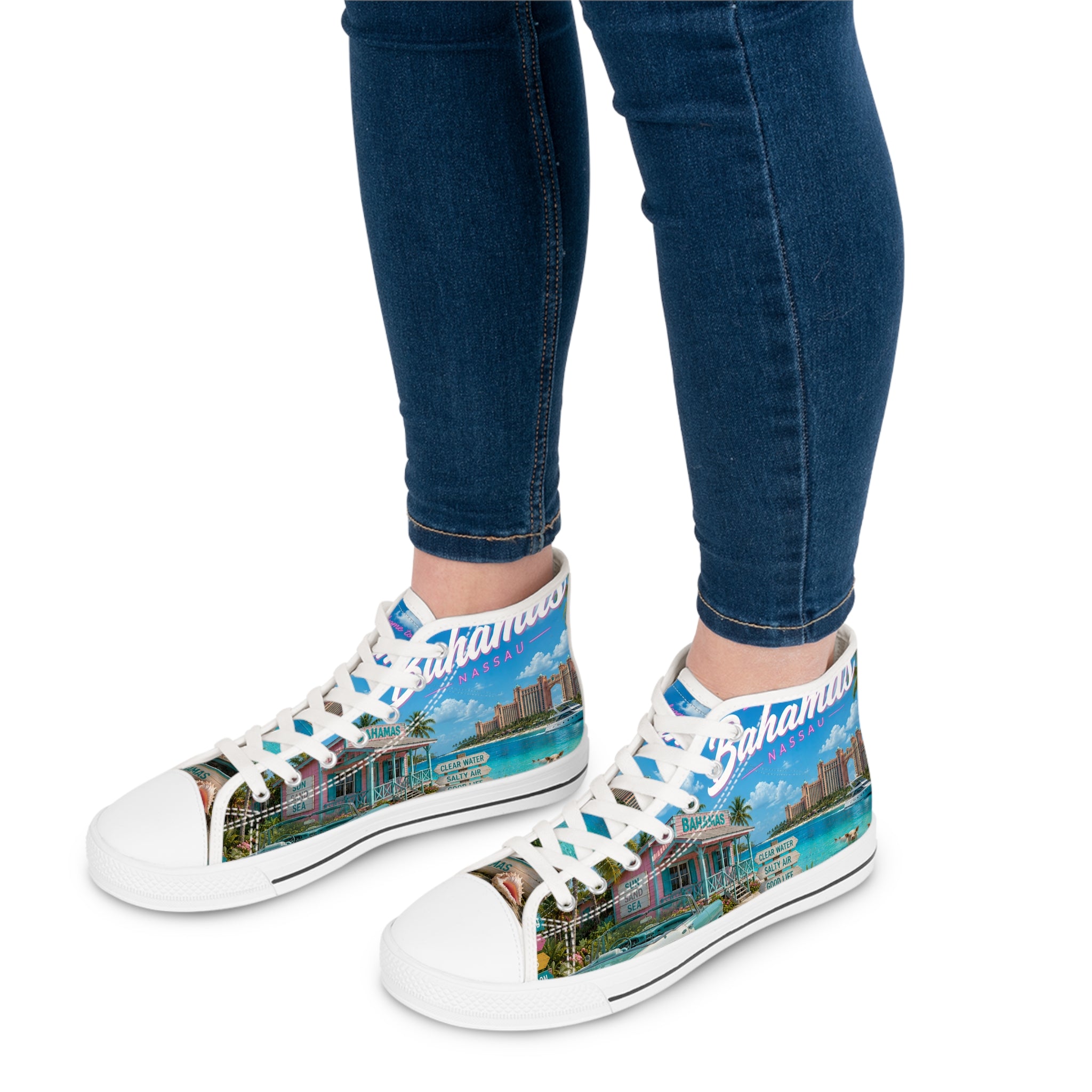 Bahamas Beach Scene High Top Sneakers | Tropical Flamingo Island Print