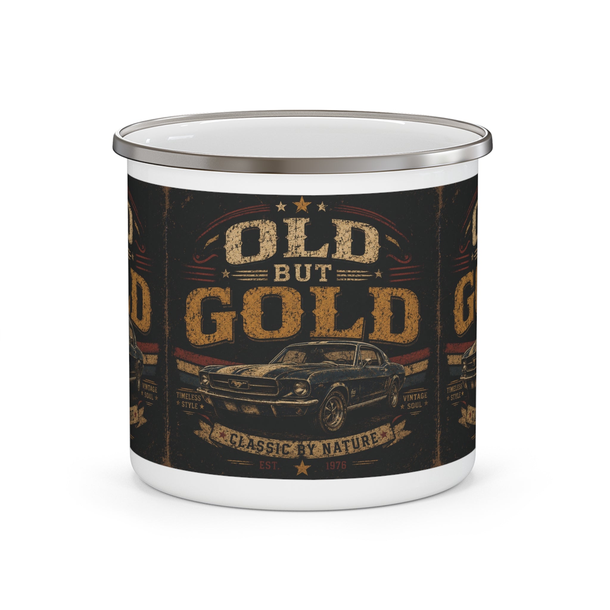 Old But Gold Classic Car Enamel Mug | Vintage Muscle Car Camping Cup
