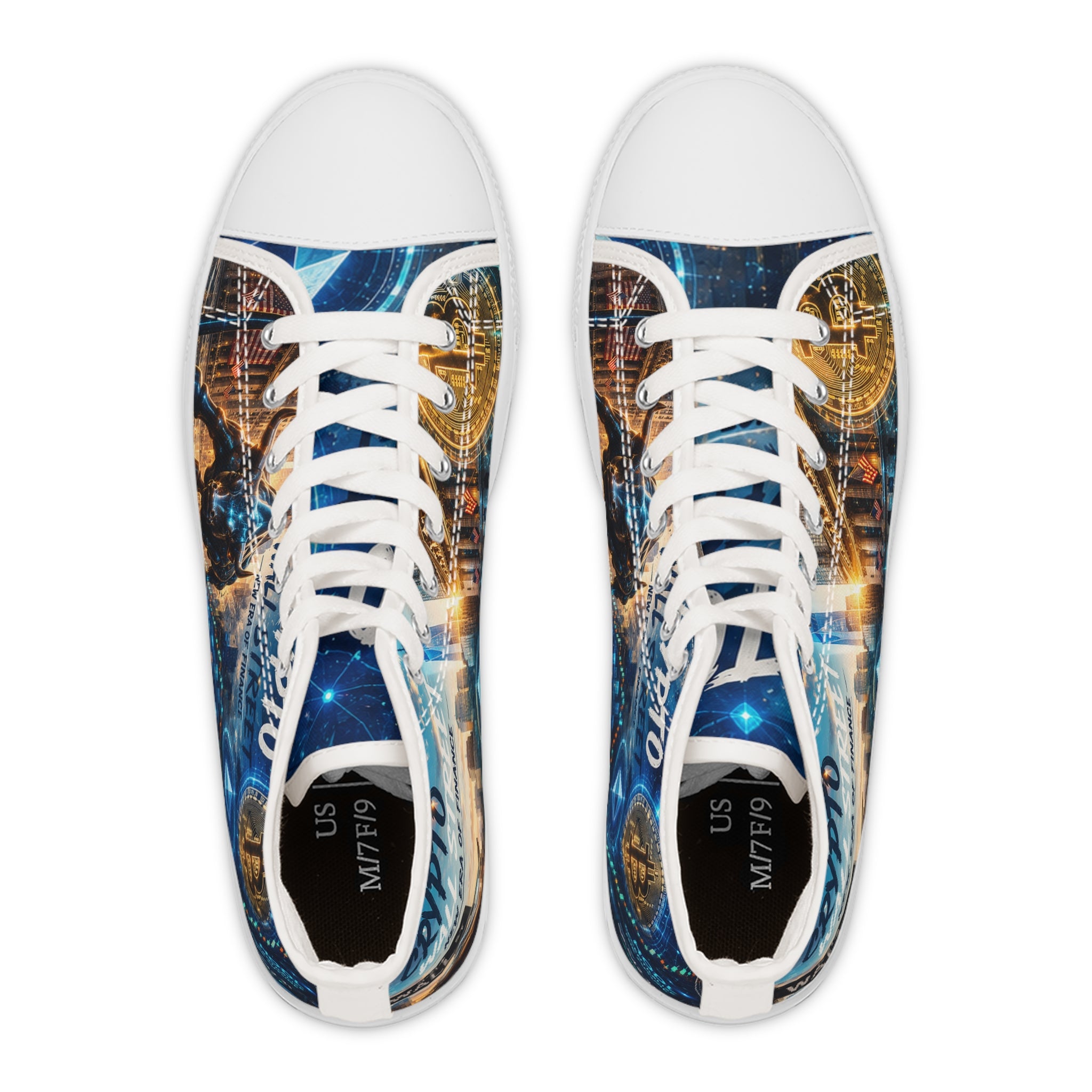 Crypto Street Skyline High Top Sneakers | Bitcoin Cityscape Design