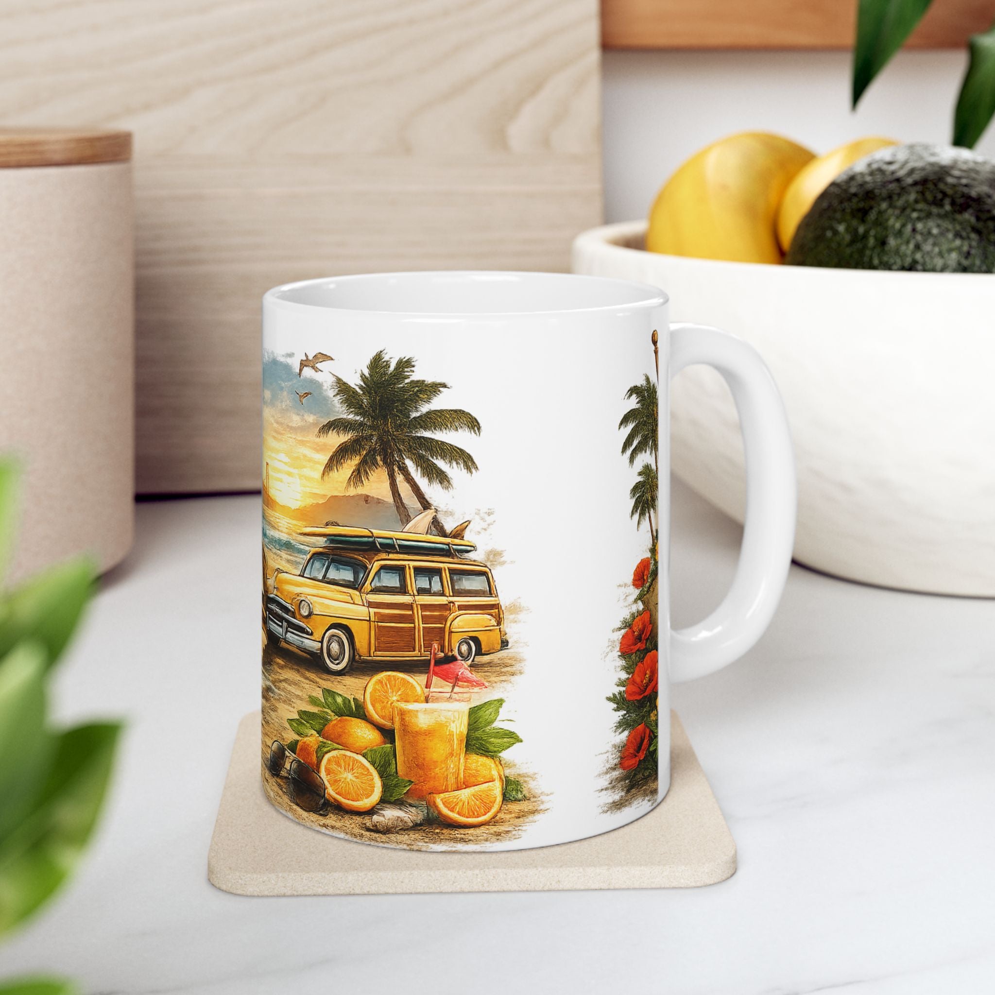 California Retro Beach Scene Mug | Golden Gate, Palm Trees, Surfboard