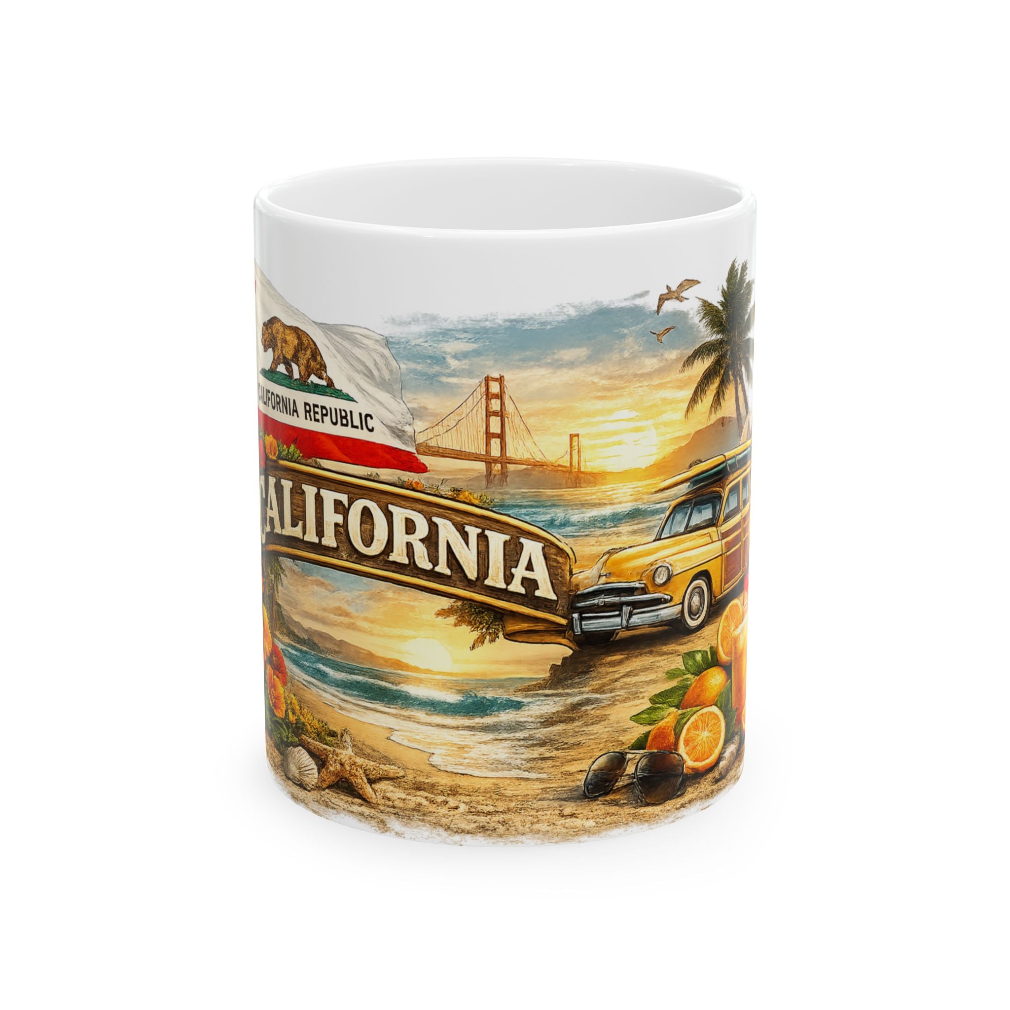 California Retro Beach Scene Mug | Golden Gate, Palm Trees, Surfboard