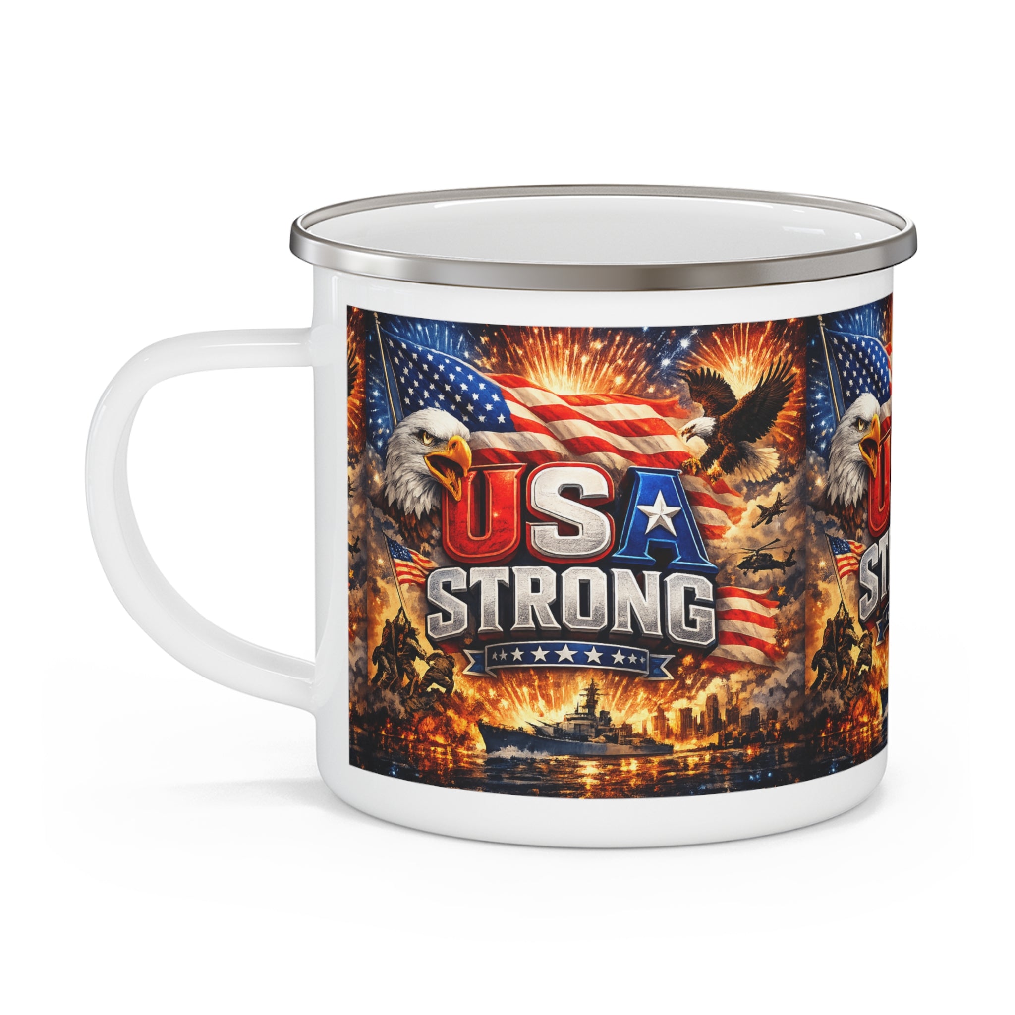 USA Strong enamel camping mug | American flag, bald eagle, patriotic design
