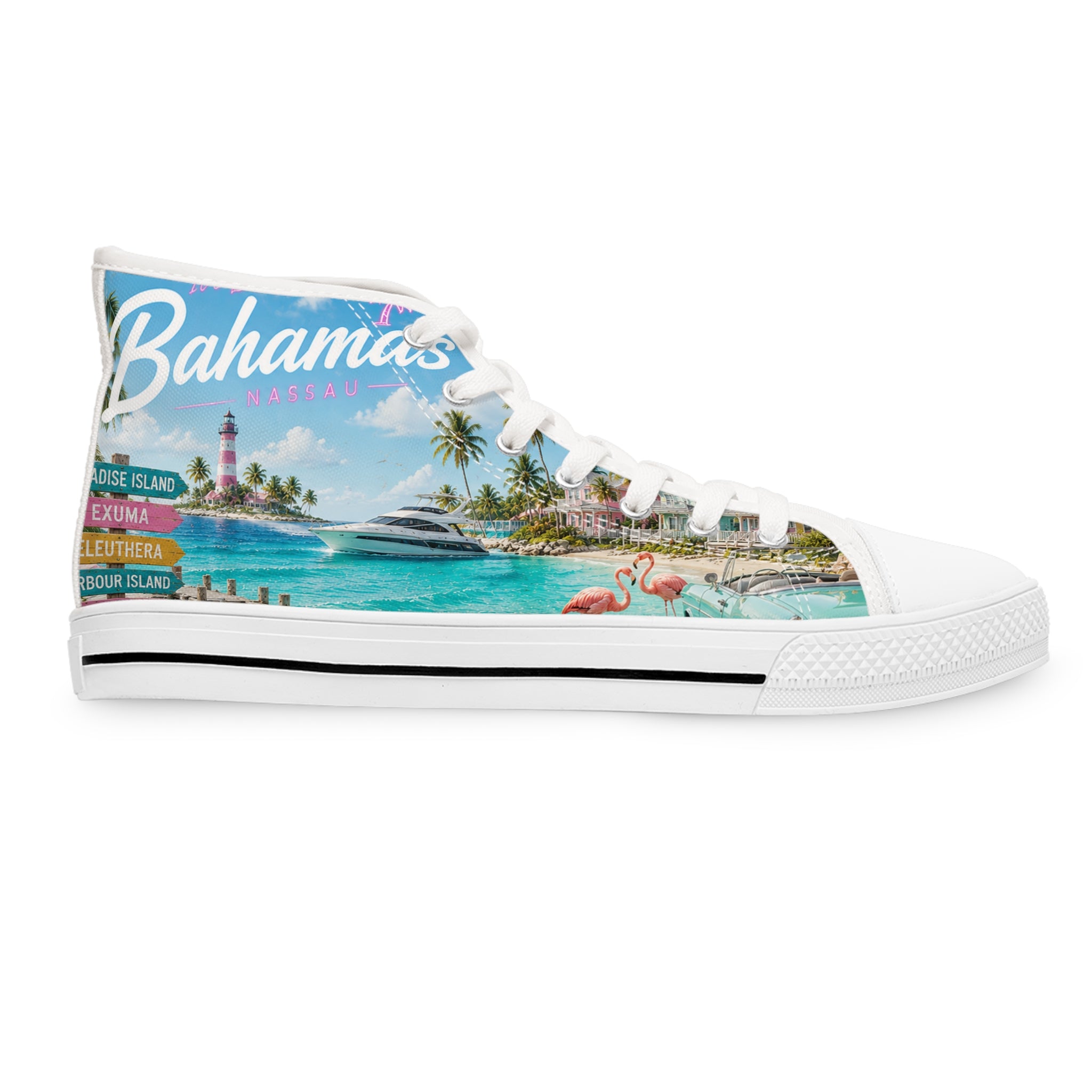 Bahamas Beach Scene High Top Sneakers | Tropical Flamingo Island Print