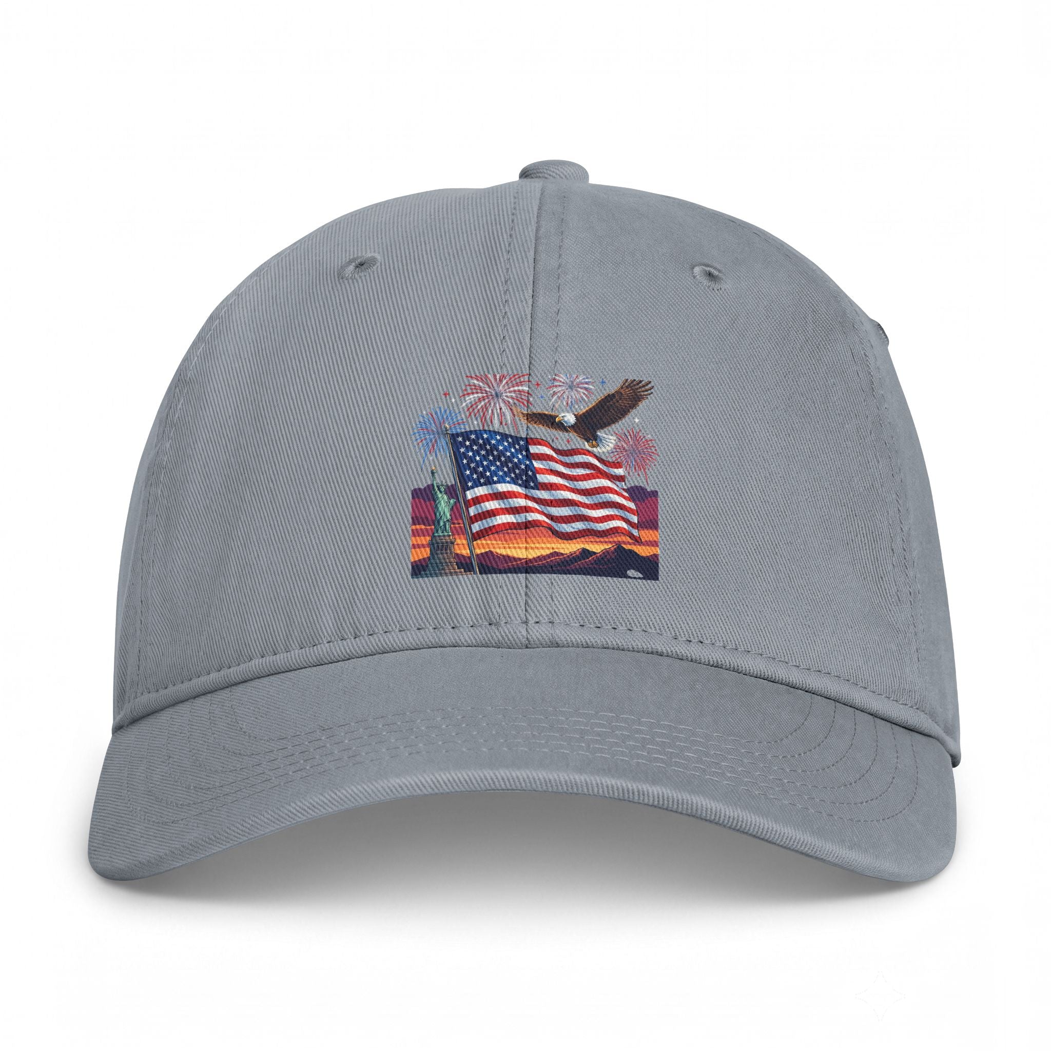 Coastal Flag Dad Hat — Washed Beach Baseball Cap with American Flag Sunset Embroidery