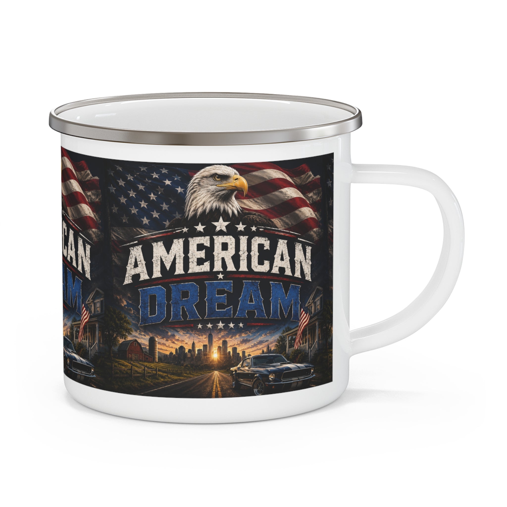 American Dream Eagle Enamel Mug | Patriotic Flag, Classic Car, Skyline