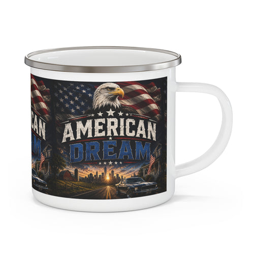 American Dream Eagle Enamel Mug | Patriotic Flag, Classic Car, Skyline