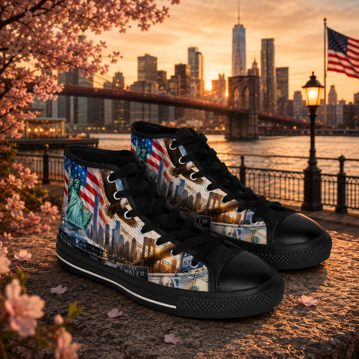 Statue of Liberty New York Skyline Sneakers | American Flag High Top Sneakers