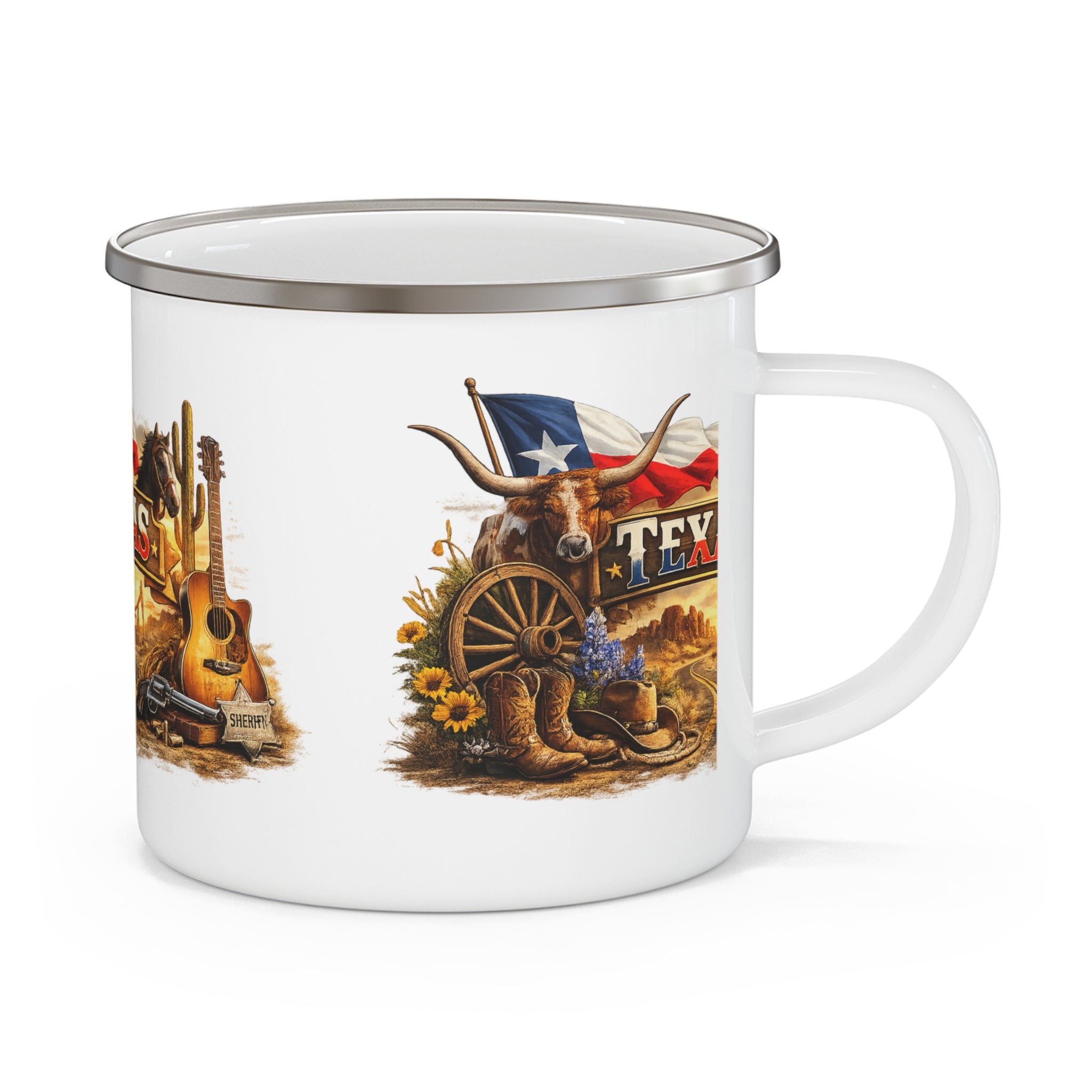 Texas Western Scene Enamel Camping Mug | Longhorn, Flag, Guitar