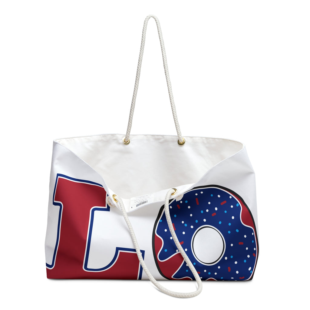 Patriotic LOVE with Donut & Flag Heels Weekender Bag | American Flag Travel Tote