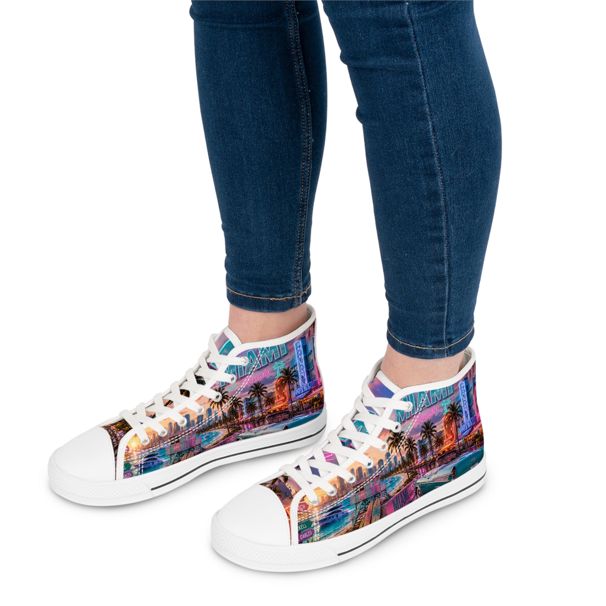 Miami Retro Beach Scene Women's High Top Sneakers | Palm Trees Neon Sunset