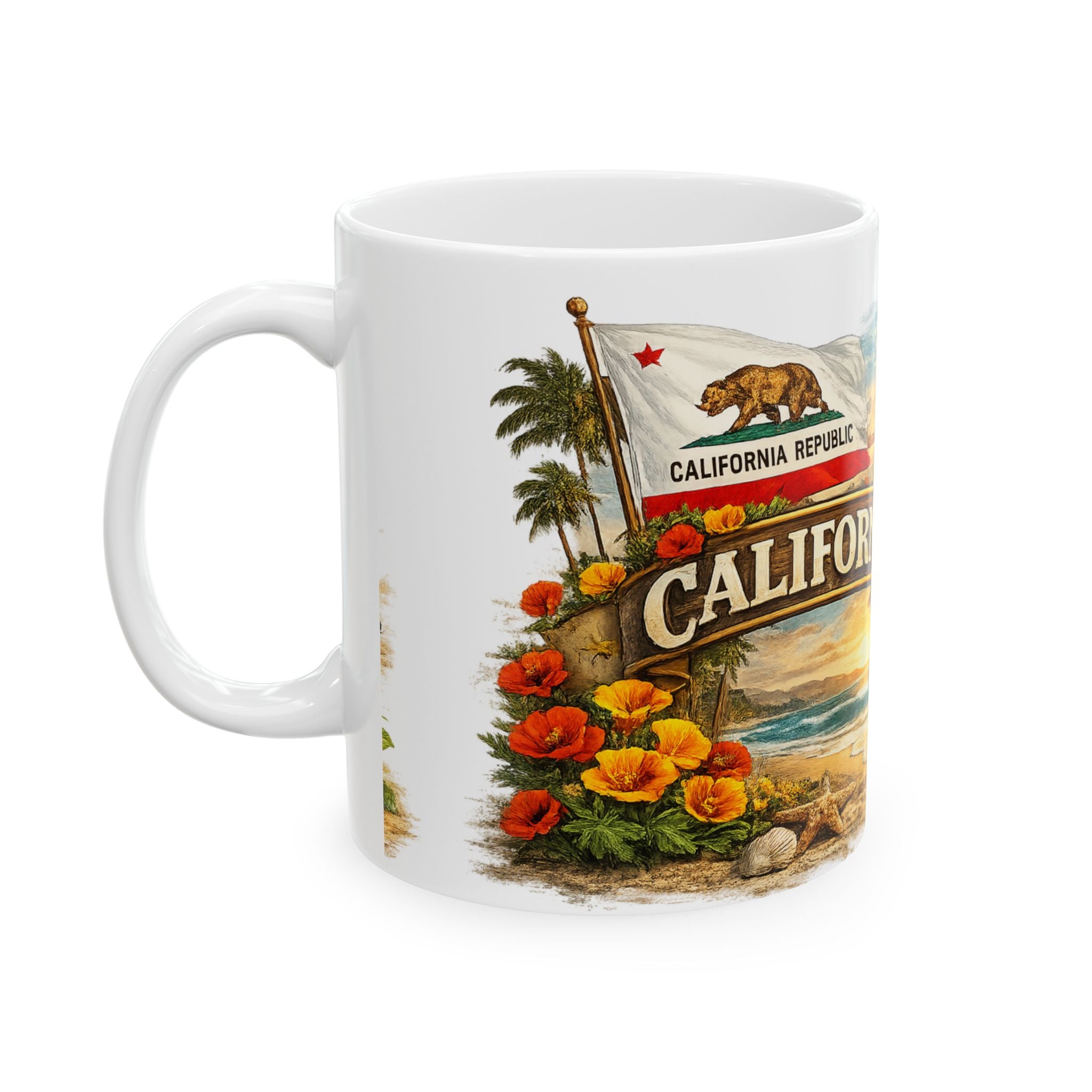 California Retro Beach Scene Mug | Golden Gate, Palm Trees, Surfboard