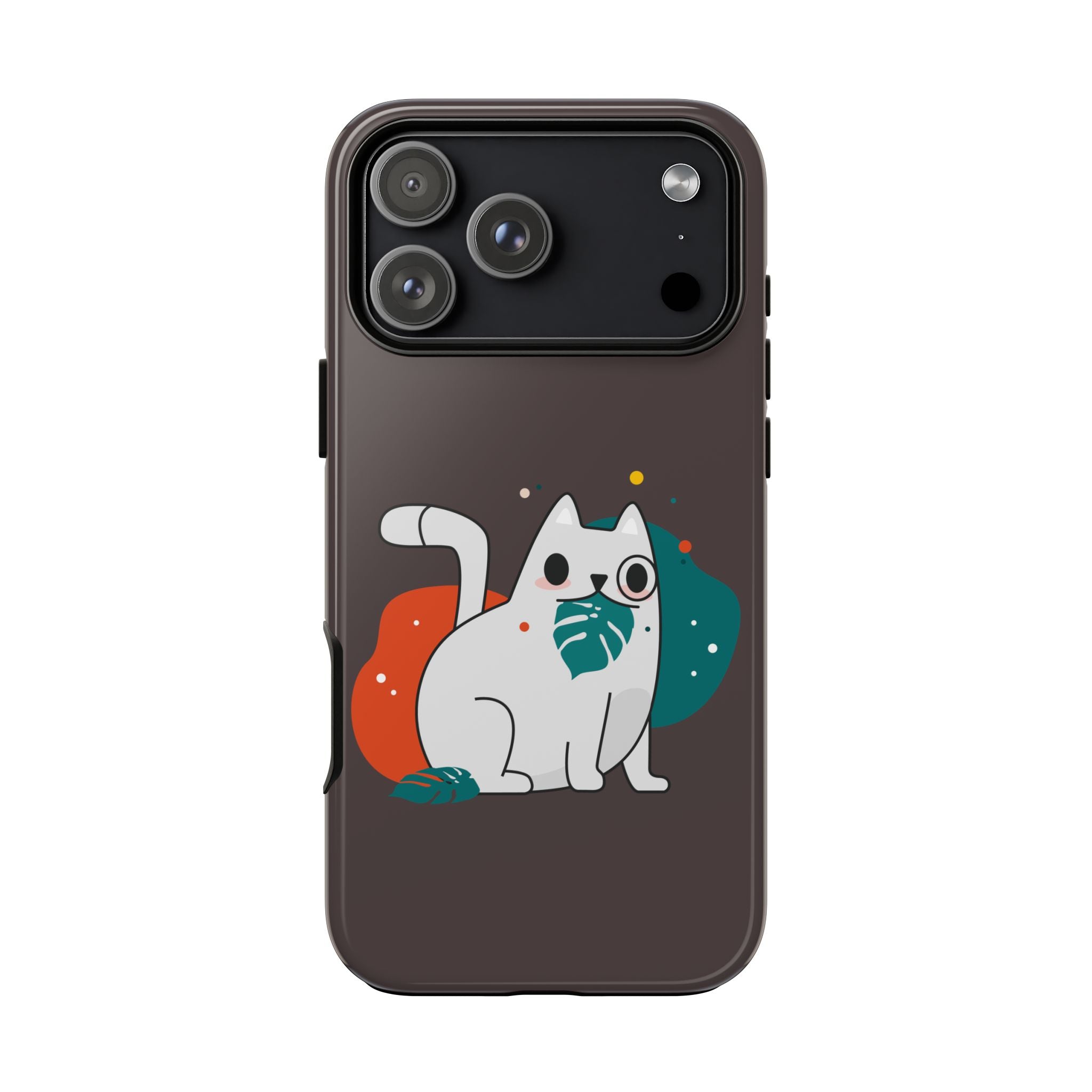 Cute White Cat Phone Case – Playful Cat with Leaf Design, Protective Tough Case
