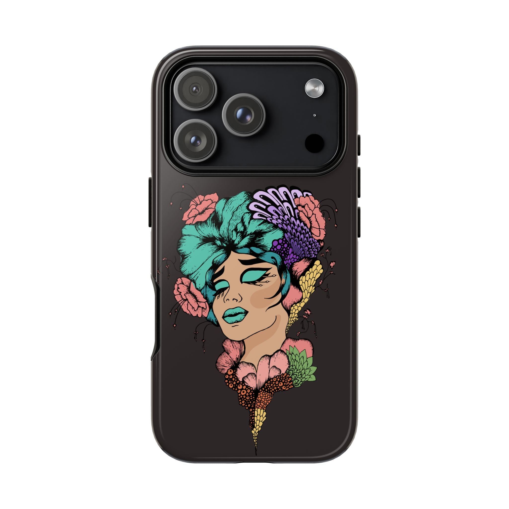 Floral Femme Phone Case — Artistic Coral & Teal Portrait Tough Case