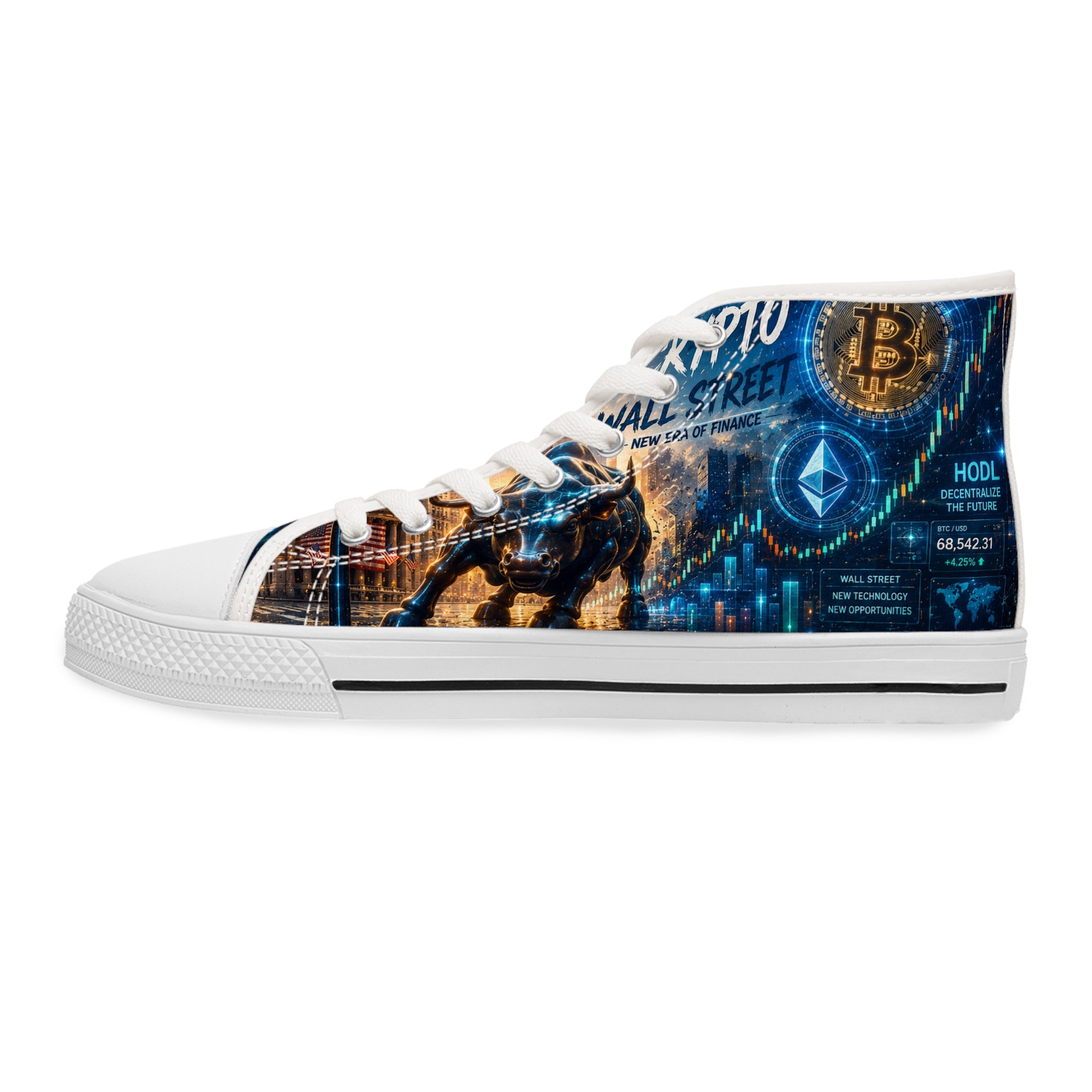Crypto Street Skyline High Top Sneakers | Bitcoin Cityscape Design