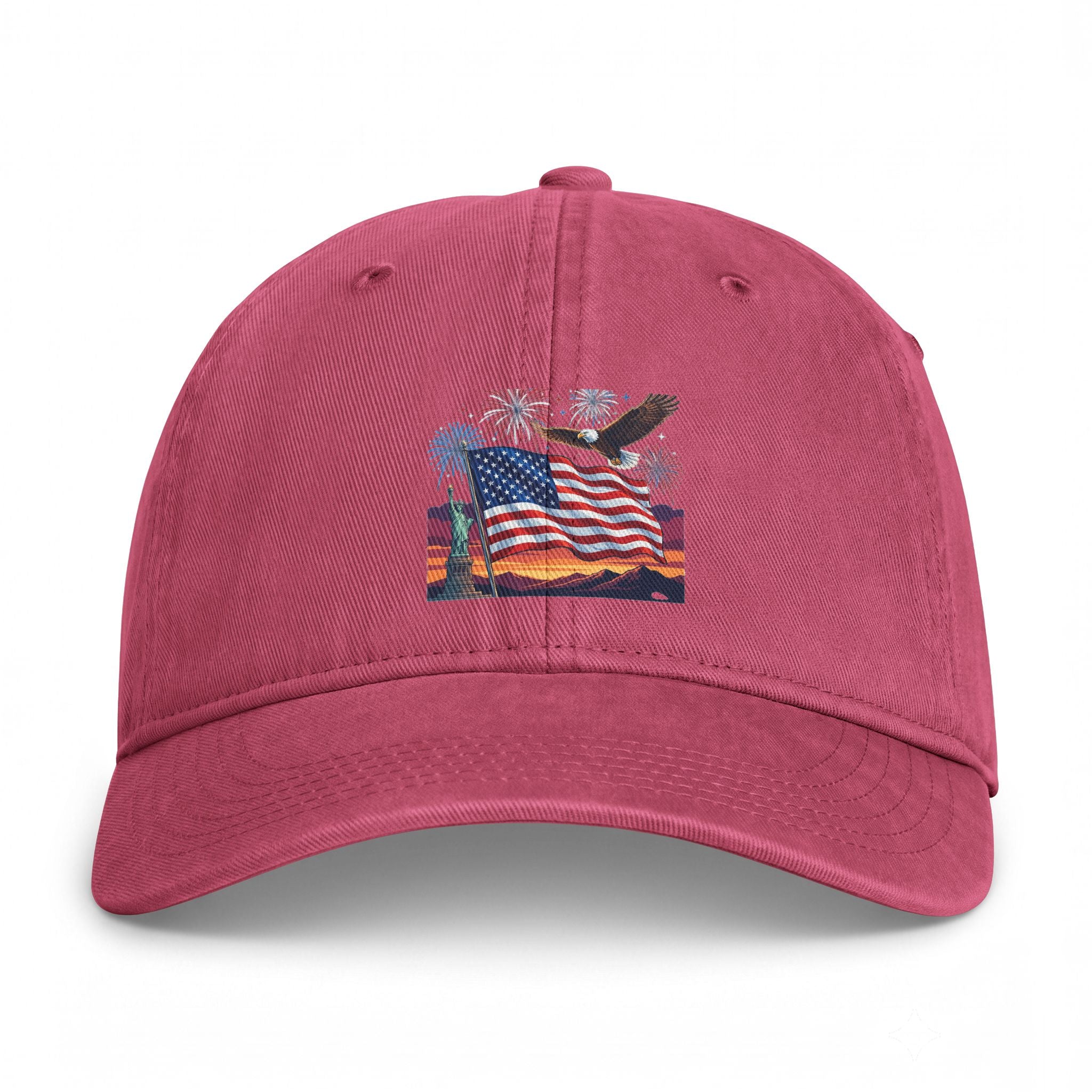 Coastal Flag Dad Hat — Washed Beach Baseball Cap with American Flag Sunset Embroidery