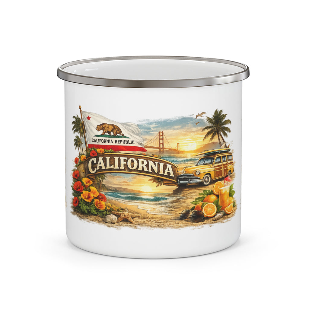 California Beach Surf Woody Van Enamel Camping Mug | Retro Sunset Palm Trees