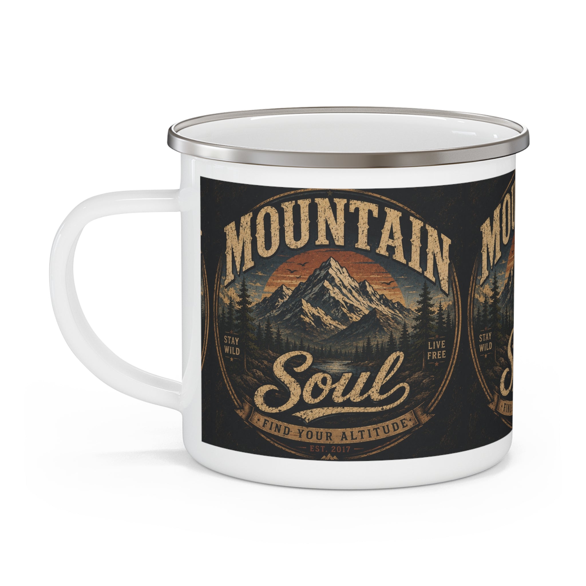 Mountain Soul Enamel Mug | vintage mountain scene, find your altitude