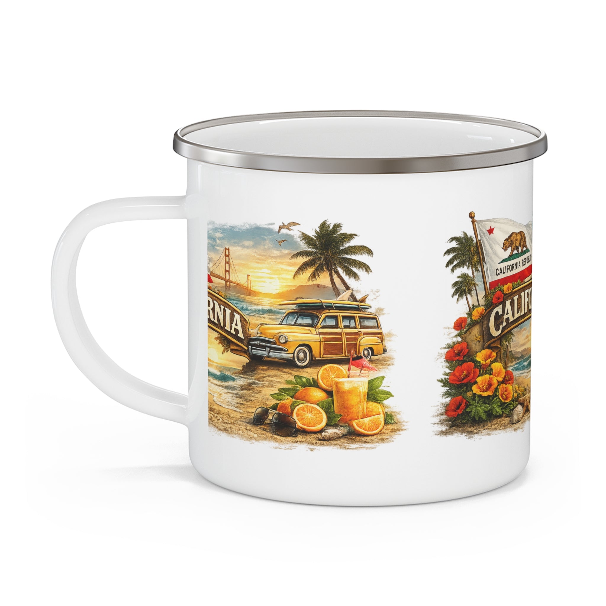 California Beach Surf Woody Van Enamel Camping Mug | Retro Sunset Palm Trees
